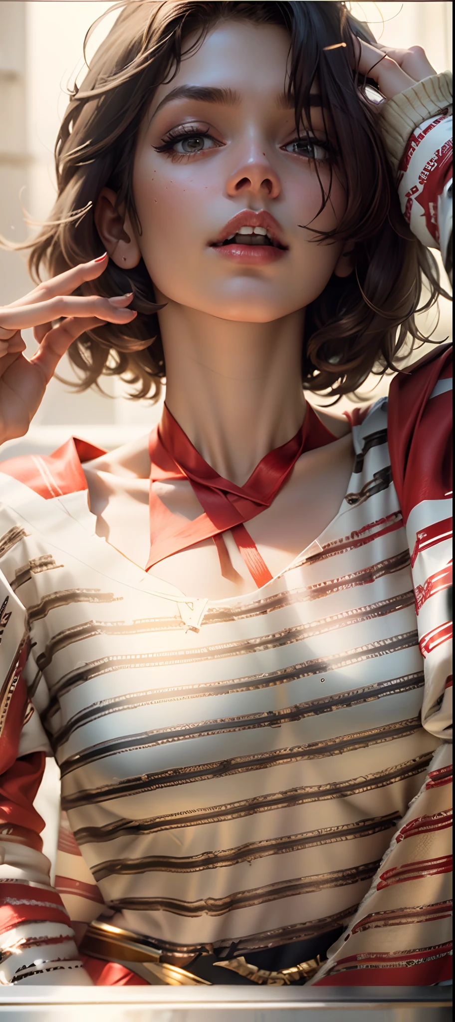 Beautiful woman short hair defined body big breasts, wearing Supergirl cosplay