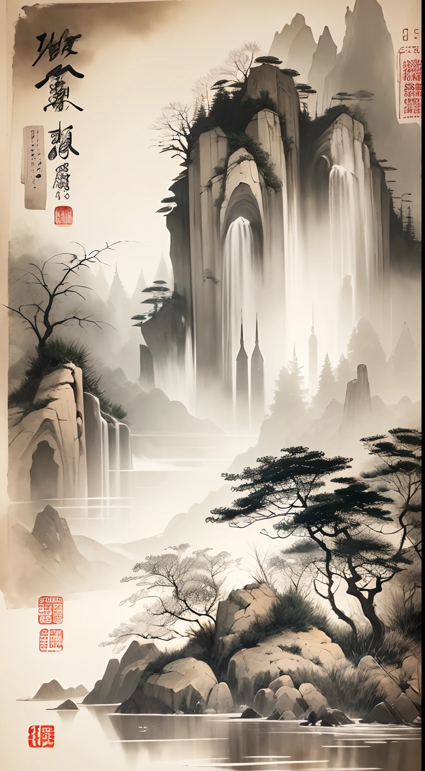 ink and watercolor painting,Draw on rice paper,Use thick and light ink to create light and dark variations and layers,Pick the right ink color,Such as deep black、Thick gray、Light coffee, etc,to express different situations and atmospheres,Control the gradient and transition of ink color by the humidity and consistency of the ink,mont,Eau,the trees,Lake surface,Small broken boat,Bleak, Desolate, Solitude,Black and white tones,dead tree, Traditional Chinese Ink Painting, Traditional Chinese art, author:Guo Xi, author:Ma Yuanyu, Traditional Chinese painting, author:Xu Xi, author:Luo Mu, author:Yang Buzhi, author:Li Kelan, author:Gu An, Ink painting ) ) ) ), Chinese ink painting, Chinese painting style