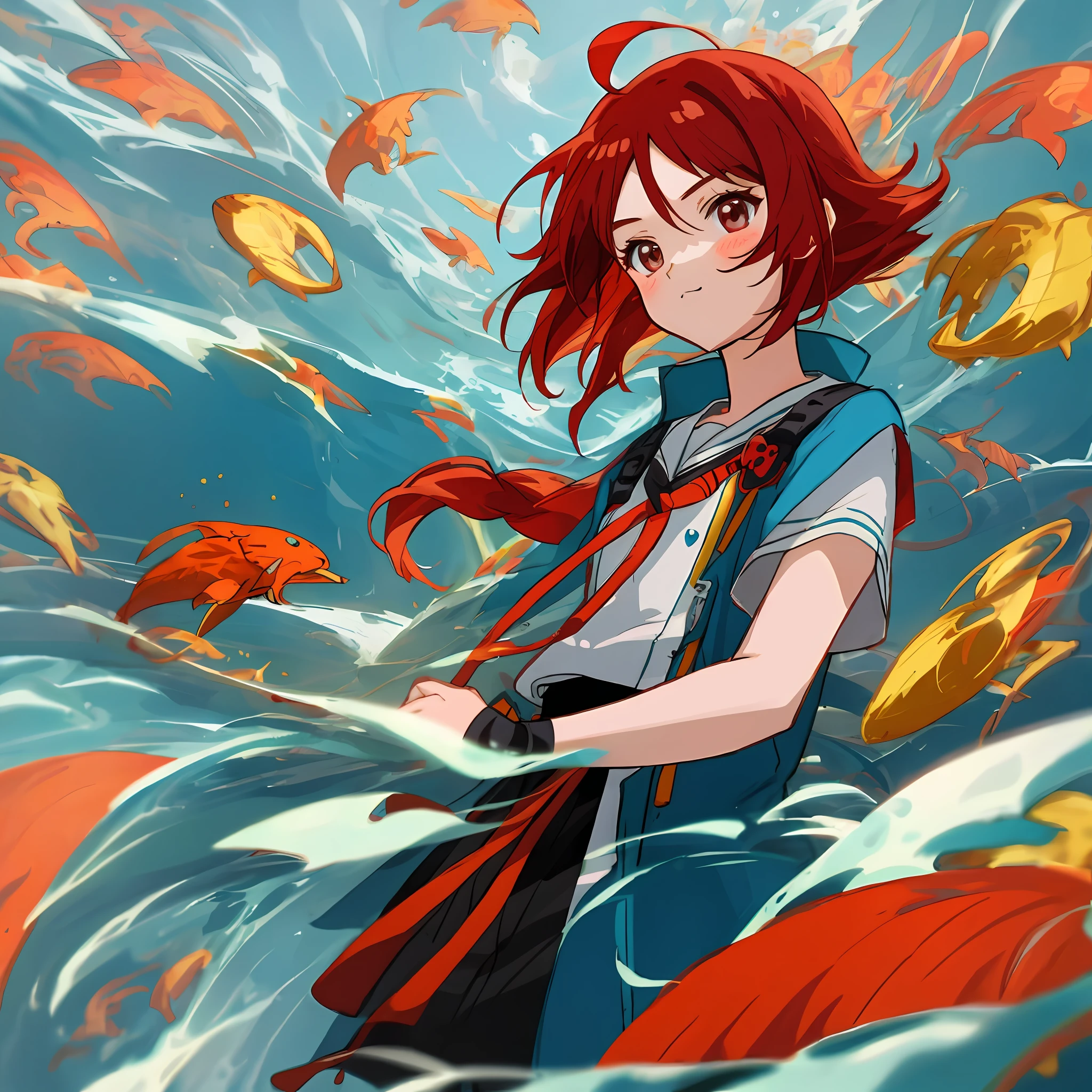 A cute beautiful girl with red hair，Two-dimensional anime style。
