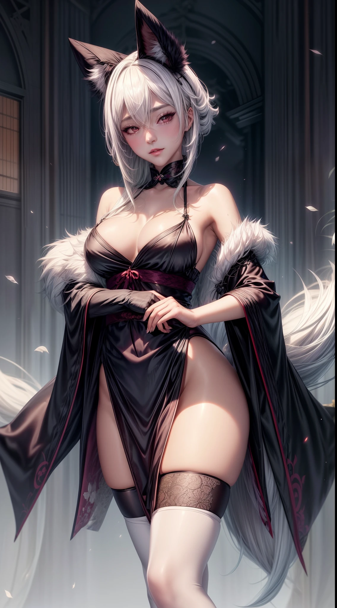 witch in kimono and light tight slim skirt, satin, fur, (stockings), decollete, natural breasts, slim body, zettai ryouiki, white hair, portrait, most realistic, highest quality, best pixels, 8k ultra