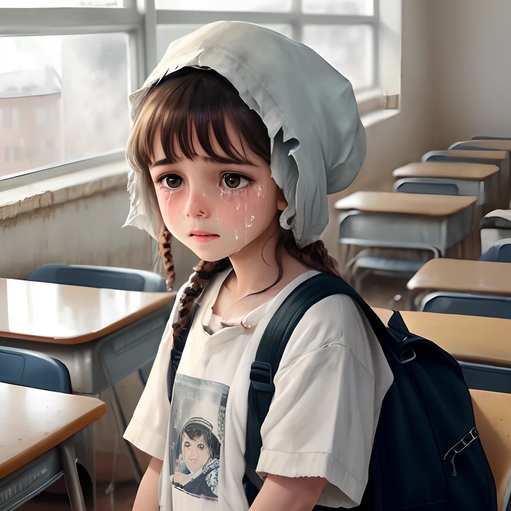 Young poor girl wearing old white ragged clothes in school crying