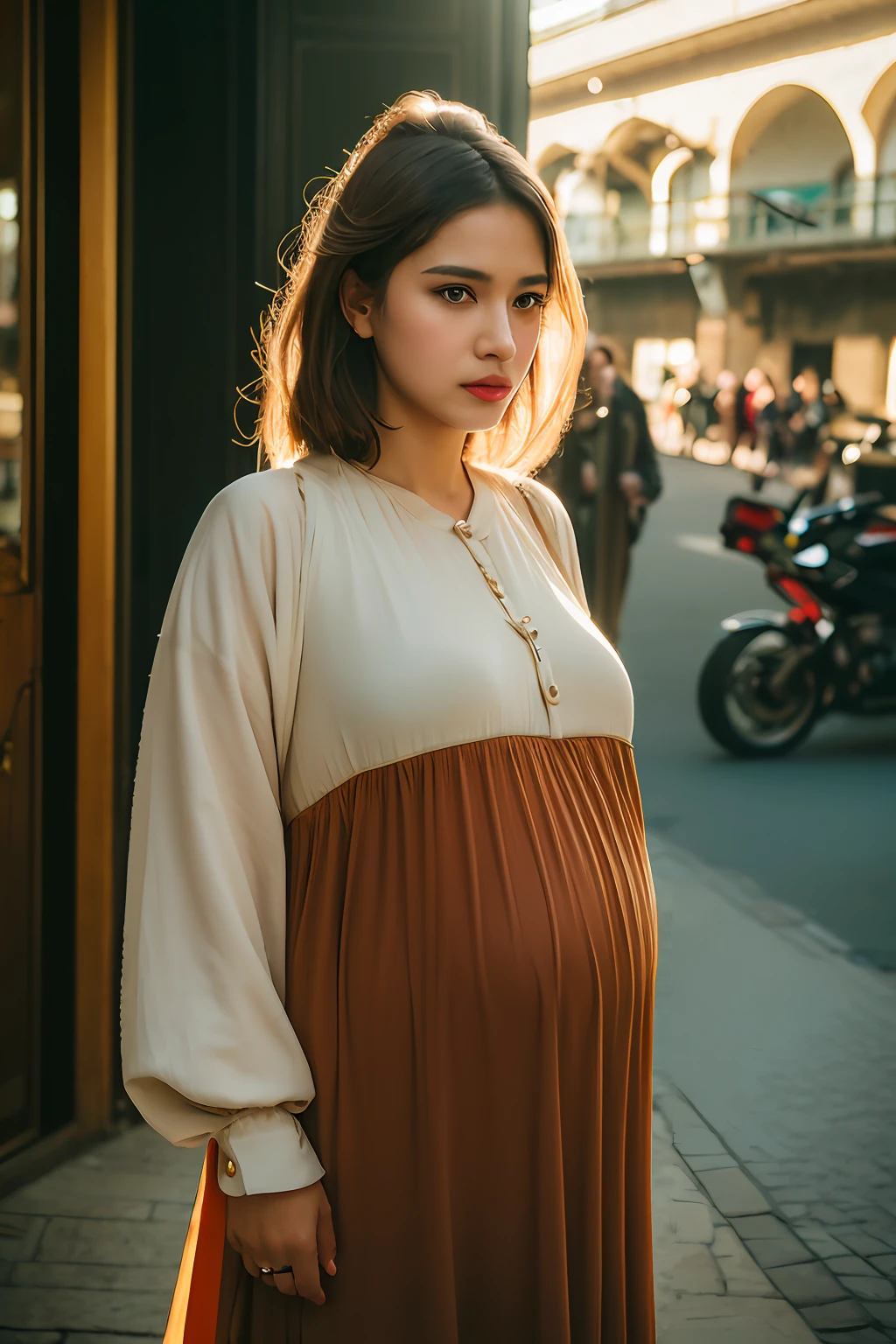 (64K, best quality:1.4), (masterpiece:1.37), (photo, photorealistic:1.5), (ultrahigh-res), beautiful pregnant women at 9 months, breasts size 40H, moslem clothes, hijab:0.1, ((Indonesian)),(highest quality, Alessandro Casagrande, Greg Rutkowski, Sally Mann, concept art, 4k), (analog:1.2), (high sharpness), (detailed pupils:1.1), detailed face and eyes, Masterpiece, best quality, (highly detailed photo:1.1), realistic, real shadow, (pedestrian background:1.2), indonesian face, at Jakarta City, photographed by Canon EOS R6, 135mm, 1/1250s, f/2.8, ISO 400