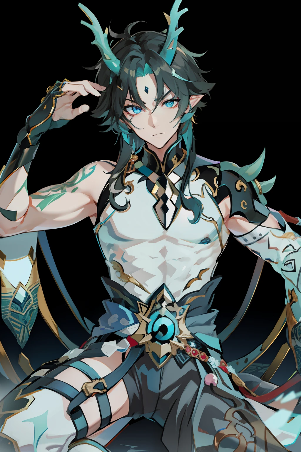 （absurderes，A high resolution，Hyper-detailing，hdr），Dragon's horn，tmasterpiece，best qualtiy，1人，独奏，Handsome，Golden eyes，Fine eyes and detailed face，toppless，Tattooed with，arma，seated on a throne，pervert smirk，Abs，chest muscle，Raised sexy，Ruffian，Erlang legs