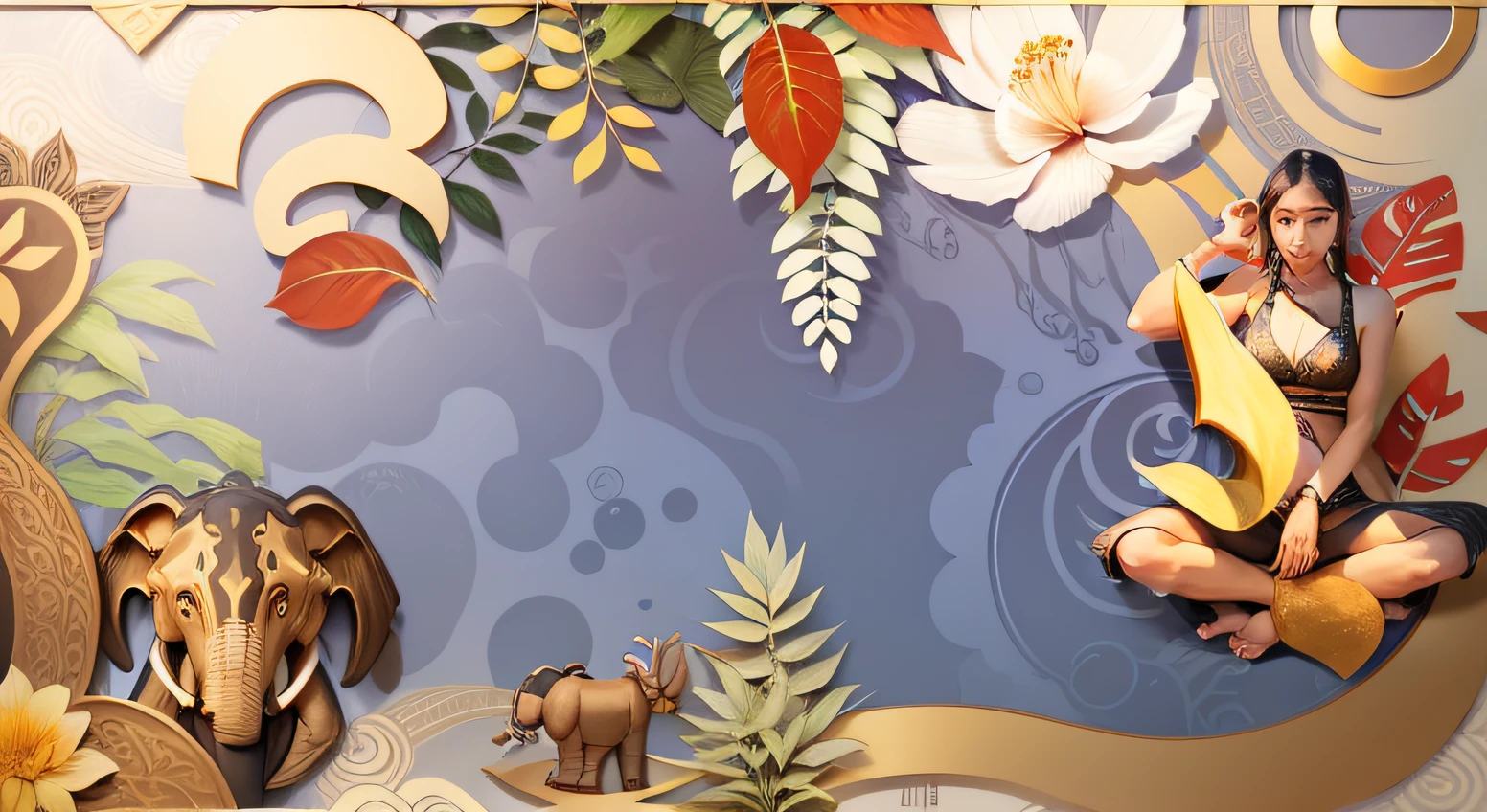 Thai elements,elephants,Tropical plants,ultra-realistic realism,Flat style,