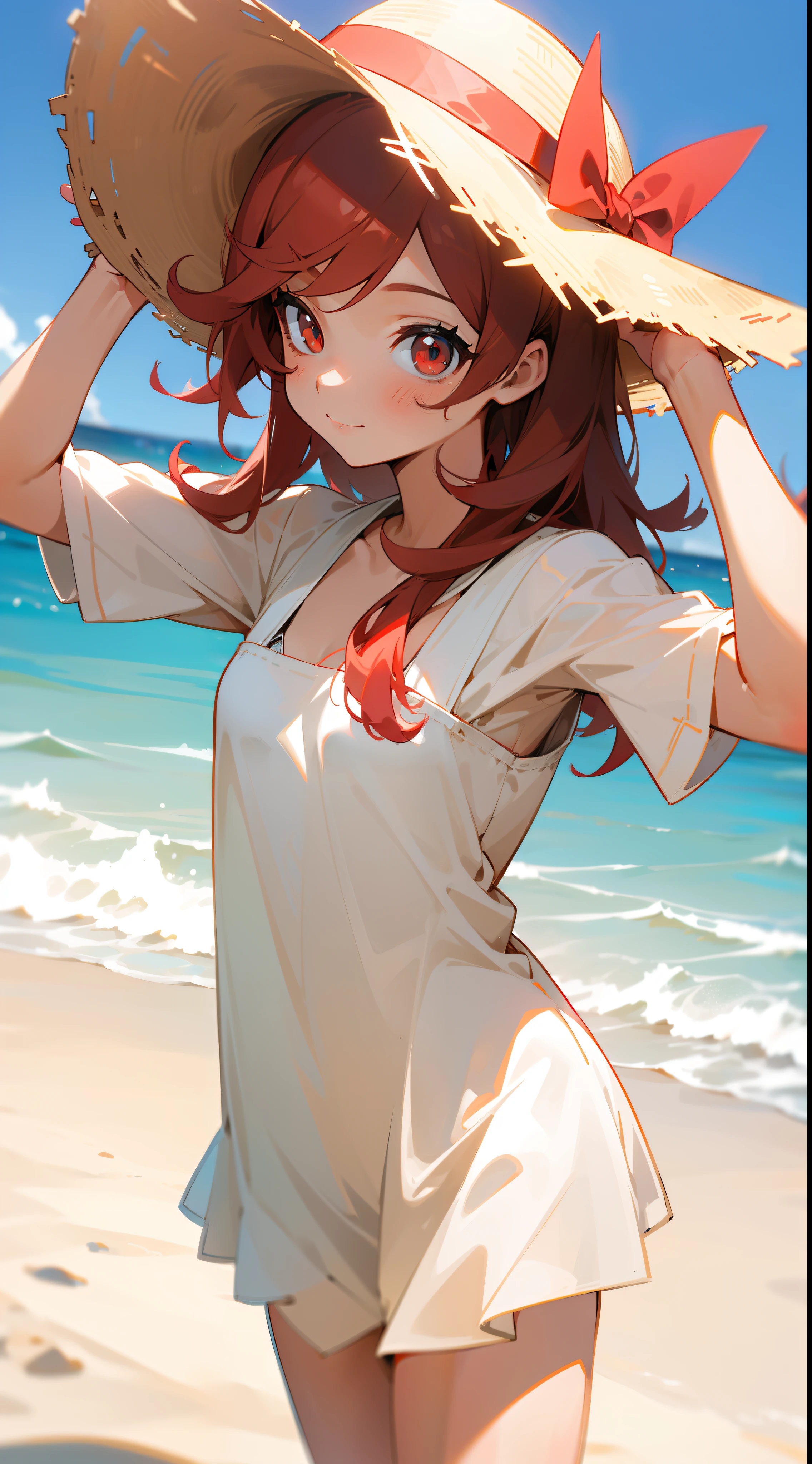 On the sandy beach，swim wears，whaite hair，red color eyes，sunhat，Happy playing girl
