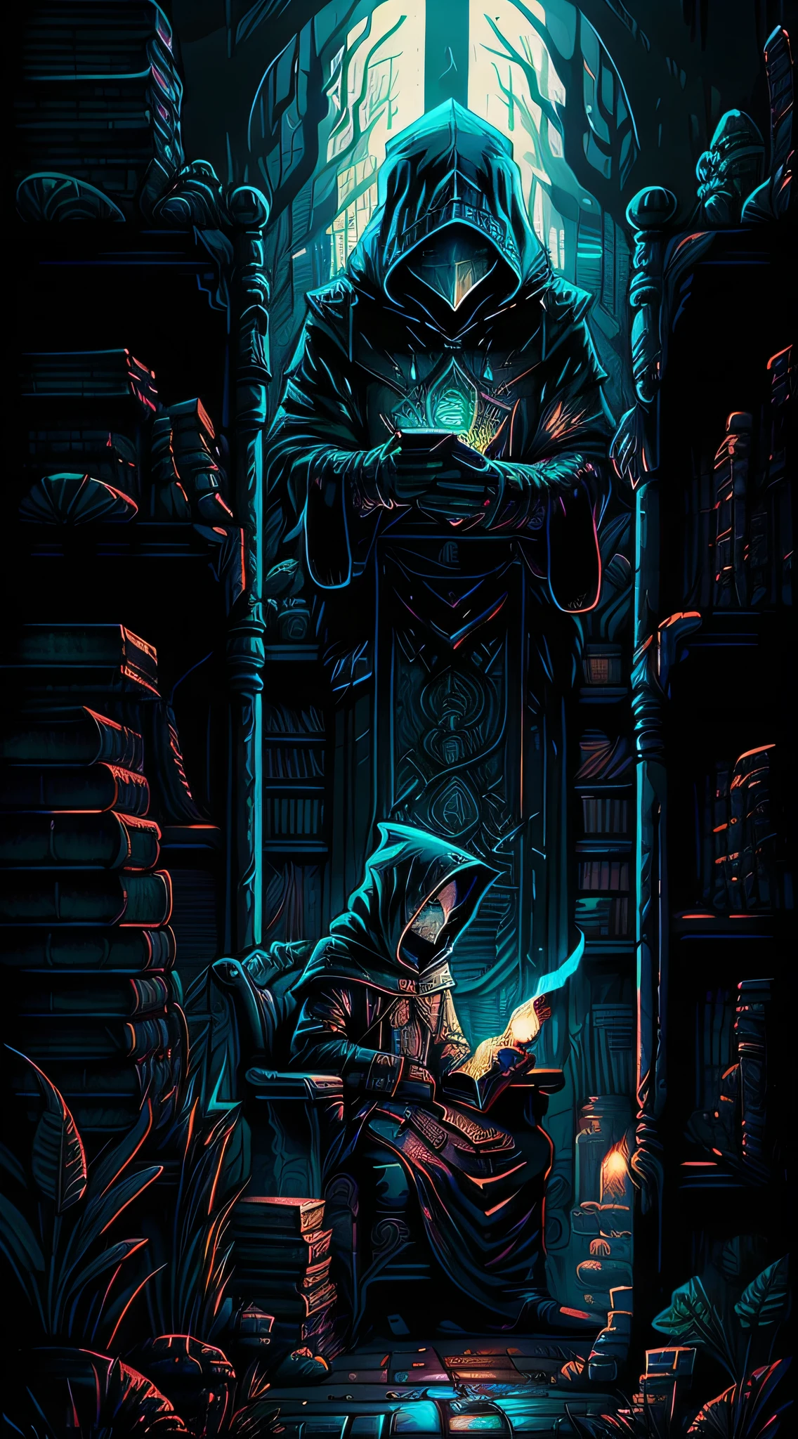 In a dimly lit underground chamber, the Keeper of Secrets, a hooded figure with piercing blue eyes, sits atop a throne made of ancient books. Illuminated by flickering candlelight, shelves filled with dusty tomes line the walls, revealing snippets of arcane knowledge. The atmosphere is mysterious and secretive, with a hint of danger. Capture this scene in the style of Ansel Adams, with black and white tones and sharp contrasts.
