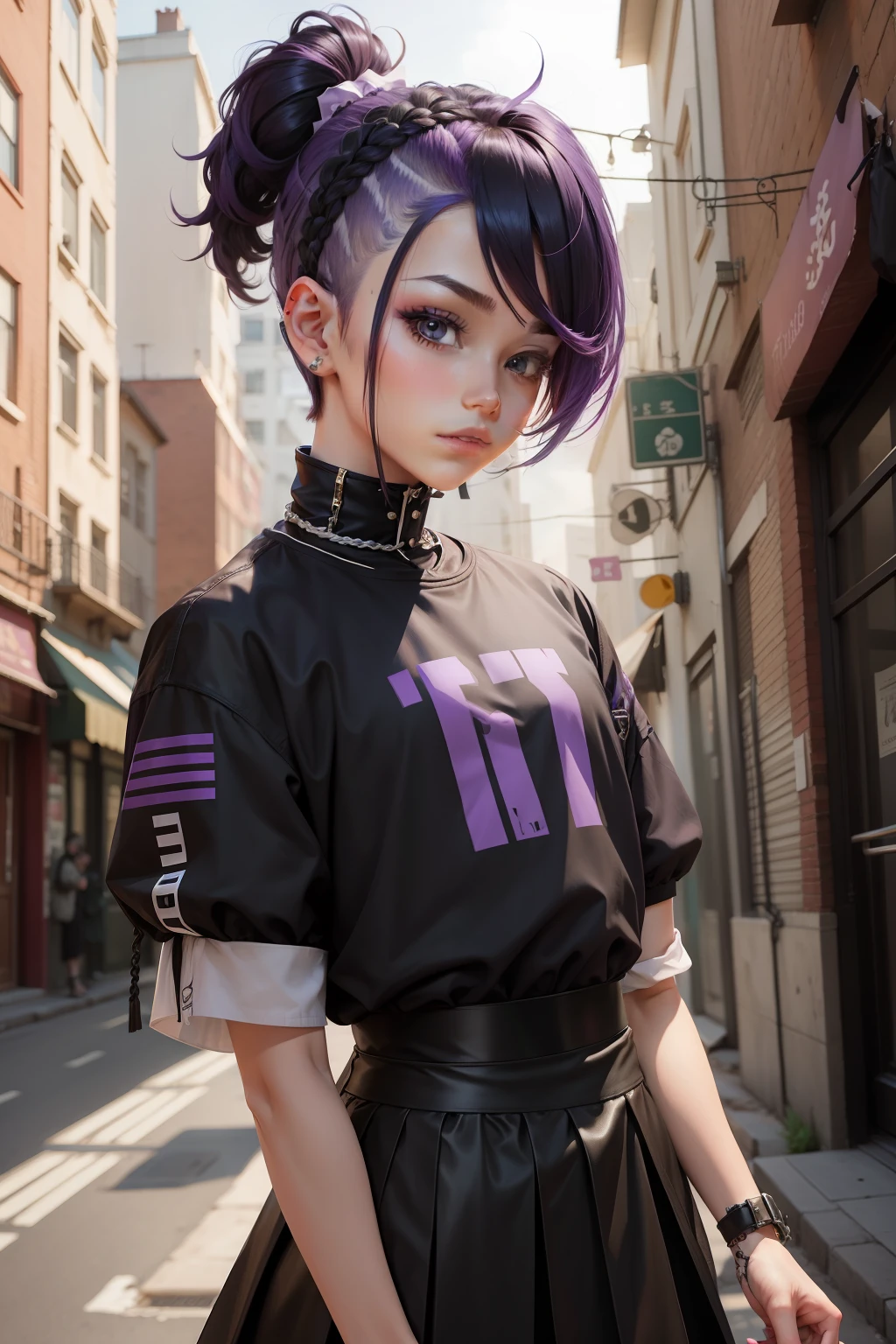 Boy punk hairstyles tied back,Then there is purple Fa Zi wearing a horse face skirt black