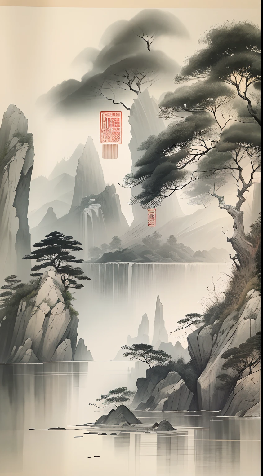 ink and watercolor painting,Draw on rice paper,Use thick and light ink to create light and dark variations and layers,Pick the right ink color,Such as deep black、Thick gray、Light coffee, etc,to express different situations and atmospheres,Control the gradient and transition of ink color by the humidity and consistency of the ink,mont,Eau,the trees,Lake surface,Small broken boat,Bleak, Desolate, Solitude,Black and white tones,dead tree, Traditional Chinese Ink Painting, Traditional Chinese art, author:Guo Xi, author:Ma Yuanyu, Traditional Chinese painting, author:Xu Xi, author:Luo Mu, author:Yang Buzhi, author:Li Kelan, author:Gu An, Ink painting ) ) ) ), Chinese ink painting, Chinese painting style