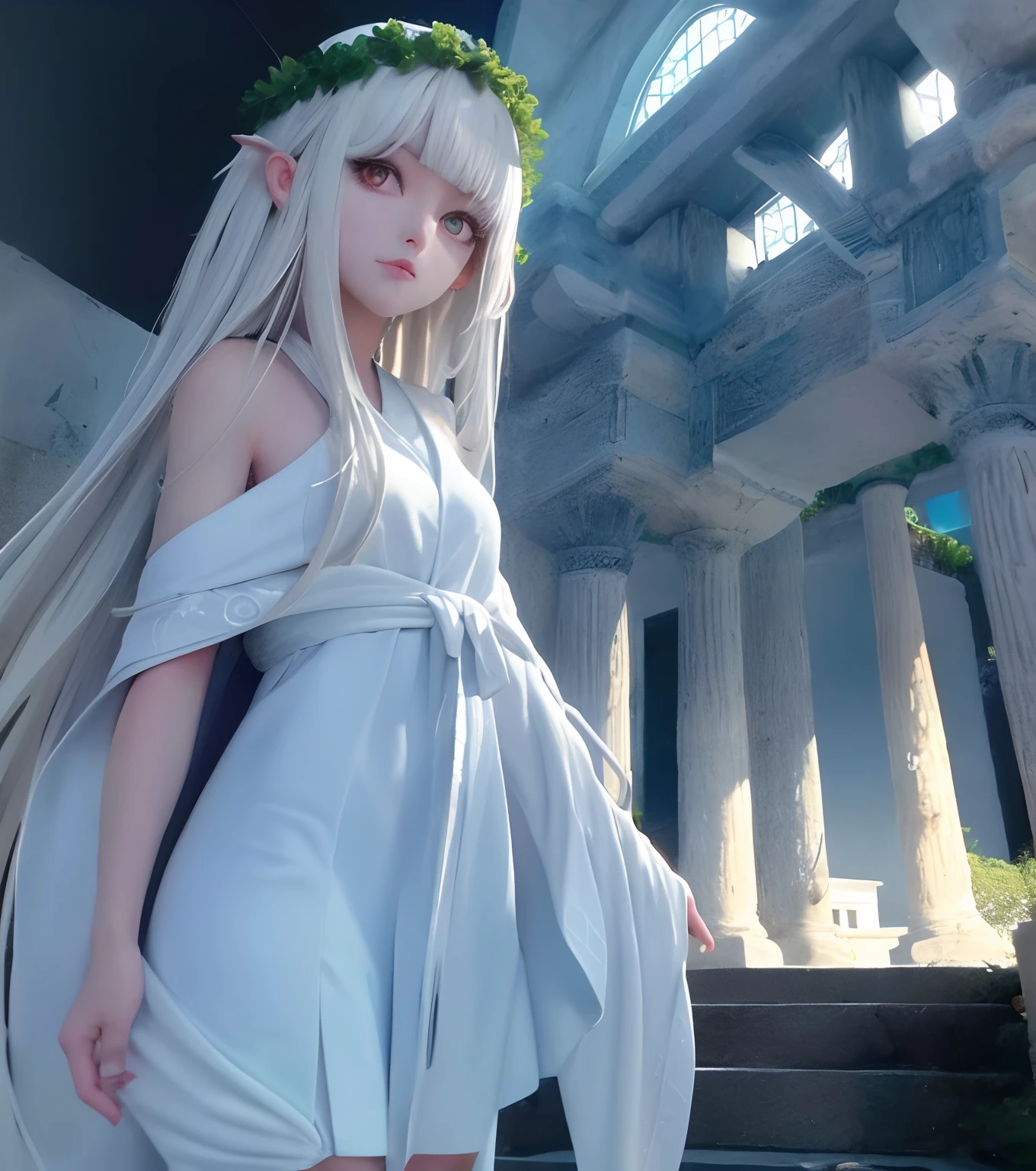 (tmasterpiece,best qualtiy)),独奏,1girll,Stand in the sunset,looking toward the viewer,By the sea,On the beach,facing at camera,Sunset colored hair,long whitr hair,beautidful eyes,Green eyes,in a long white dress,A reference to the long dress in the style of ancient Athens Heaton,Only 2 arms,Luminous design,Soft light,(Wallpapers),(high-definition picture quality) ,(8K high-definition),(8K high-definition)