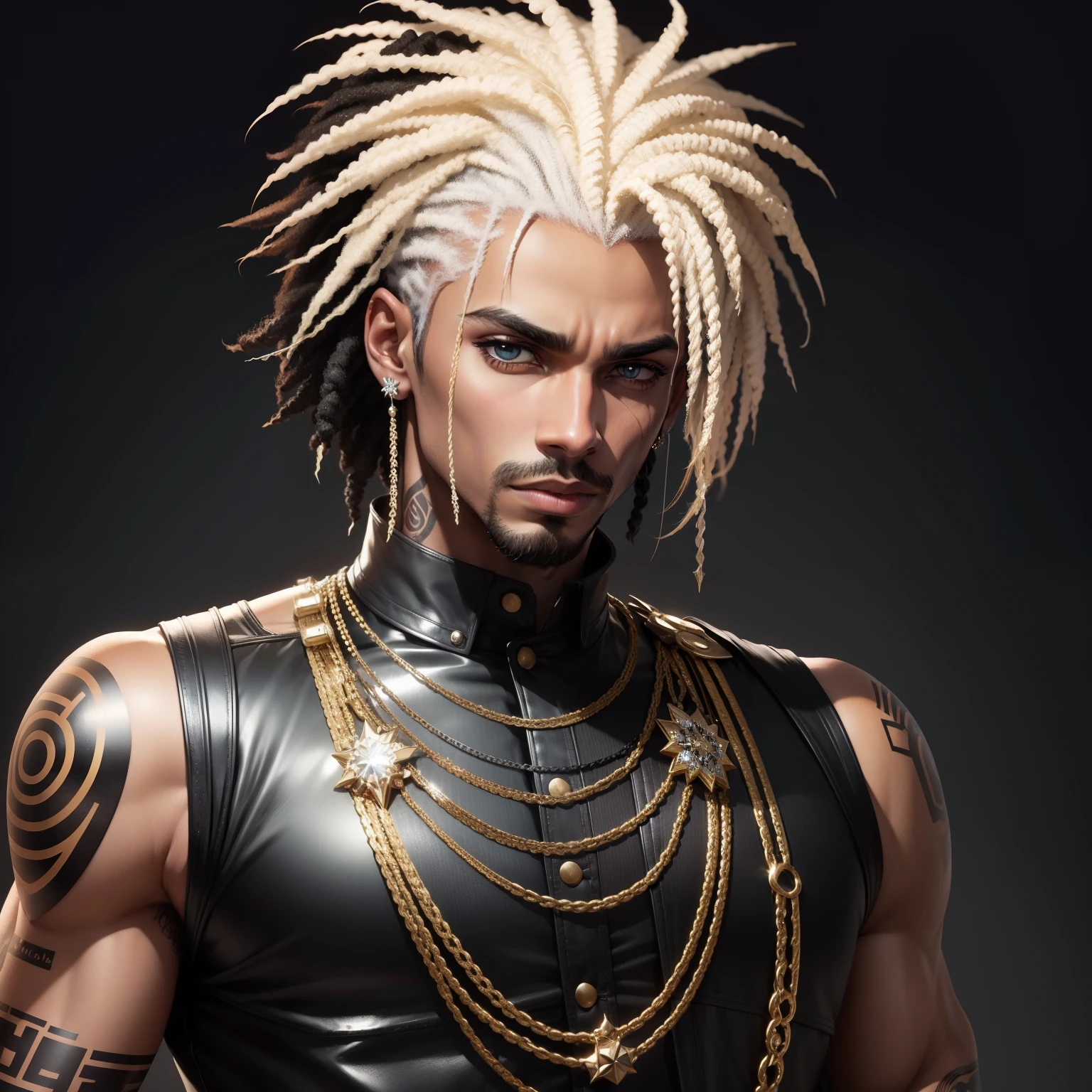 Um homem, negro, cabelo crespo, cabelo de duas cores, roupas punk, olhos de duas cores, corrente de ouro, brico de diamante.
