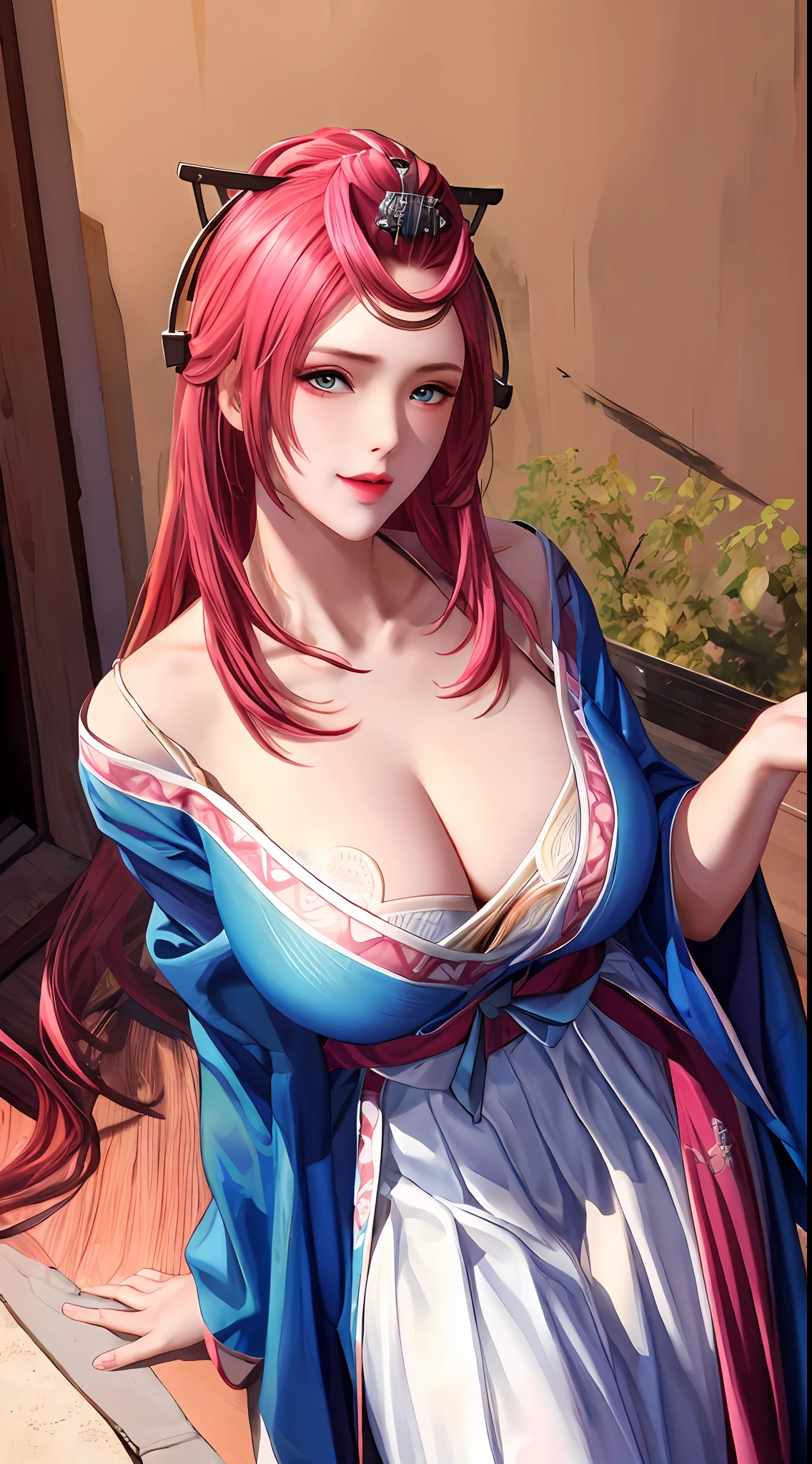 Hanfu，Tang style，((Masterpiece)),A high resolution, ((Best quality))，tmasterpiece，top-quality，best qualityer， （（（There is light in the eyes，laughingly，self-assured，gigantic cleavage breasts，Raised ， Chest bumps，Hanfu， tang style outfits， Blue grows in the mountains， White pleated skirt， Goofy））），Light makeup, Pink lips, Messy long hair, Graceful, elegant,