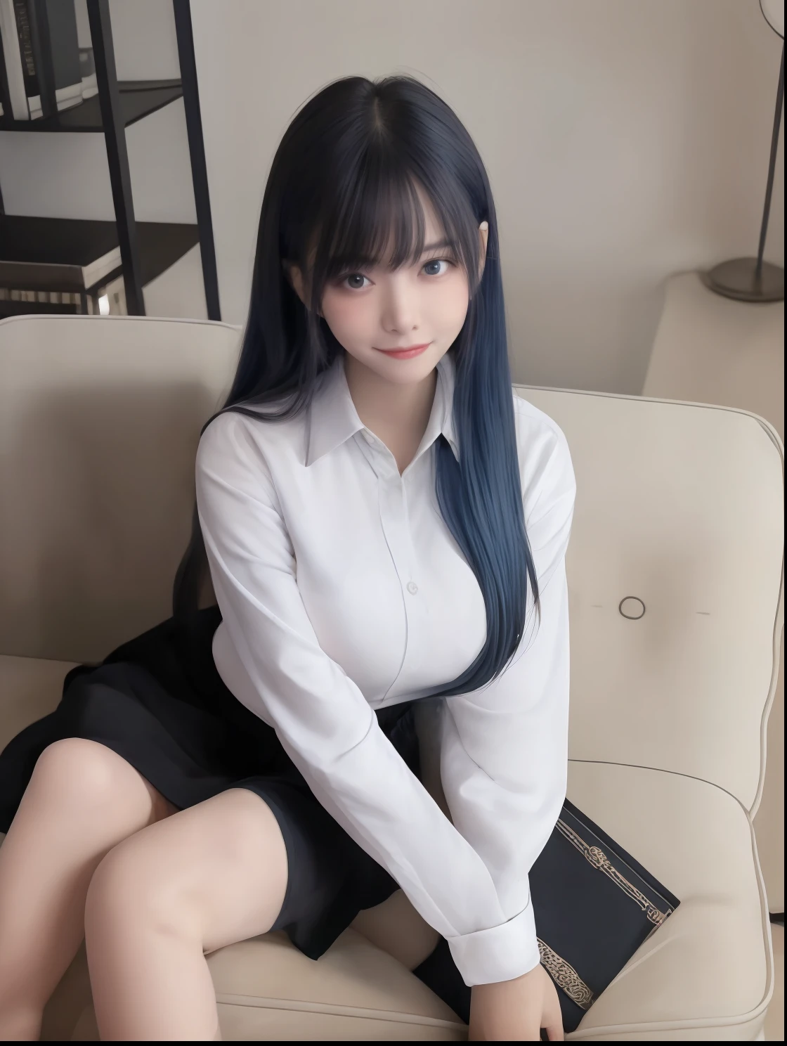 1 girl,blue hair color,long hair,white shirt,using name identity,carrying black book,sitting on sofa,big boobs,black skirt
