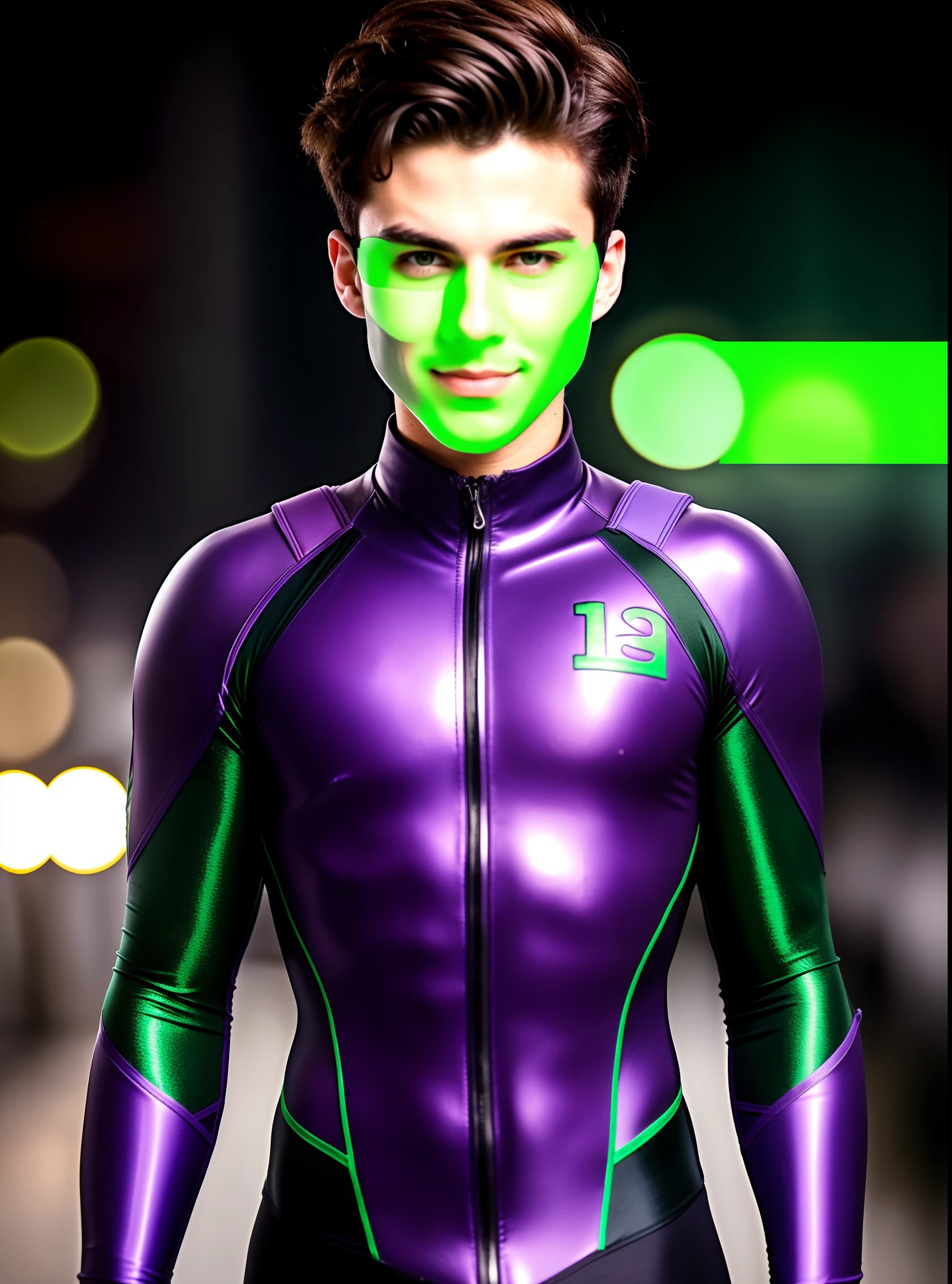 Homem de 19 anos, Name: Alex He wears dark green and dark purple suit wears a lycra mask that covers his eyes, the mask is dark green and bright