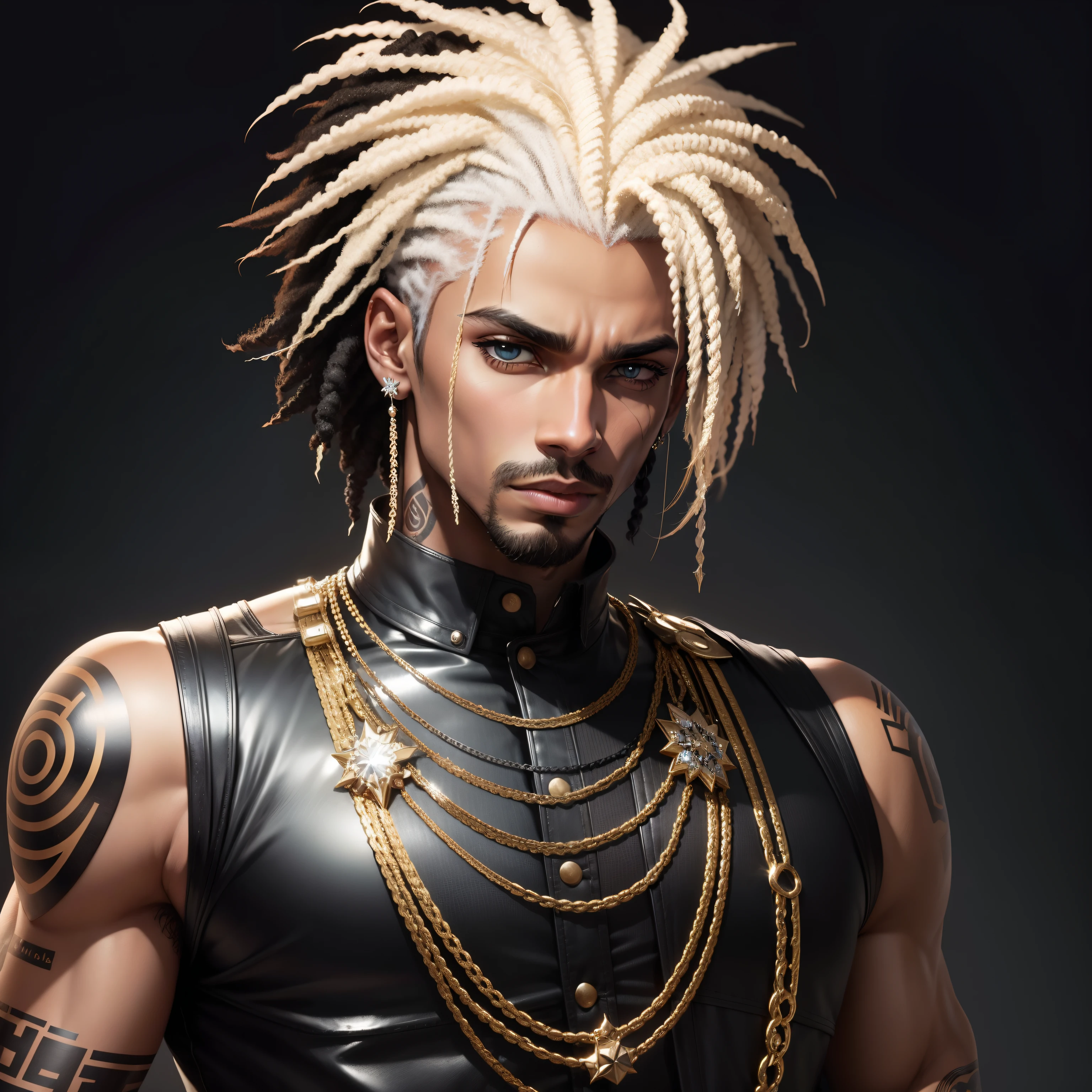 Um homem, ?????, cabelo crespo,  cabelo de duas cores, roupas punk, olhos de duas cores, corrente de ouro, brico de diamante.