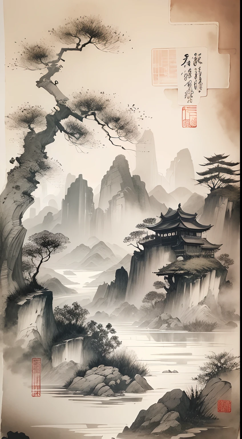 ink and watercolor painting，Draw on rice paper，Use thick and light ink to create light and dark variations and layers，Pick the right ink color，Such as deep black、Thick gray、Light coffee, etc，to express different situations and atmospheres，Control the gradient and transition of ink color by the humidity and consistency of the ink，mont，Eau，the trees，Lake surface，Small broken boat，Bleak, Desolate, Solitude，Black and white tones，dead tree， Traditional Chinese Ink Painting, Traditional Chinese art, author：Guo Xi, author：Ma Yuanyu, Traditional Chinese painting, author：Xu Xi, author：Luo Mu, author：Yang Buzhi, author：Li Kelan, author：Gu An, Ink painting ) ) ) ), Chinese ink painting, Chinese painting style