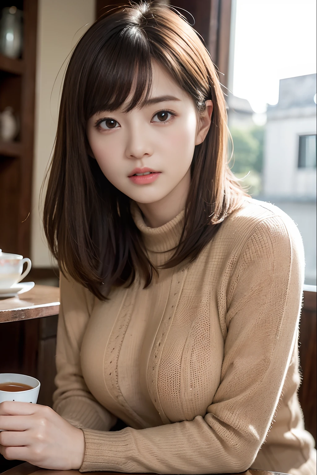 randome pose、top-quality、超A high resolution、(Photorealsitic:1.5)、女の子1人、Brown sweater、(bobhair:1.2)、(huge-breasted:1.2)、tea shop、looking at viewert、a closeup、full body Esbian、Nasty eyes、embarassed face