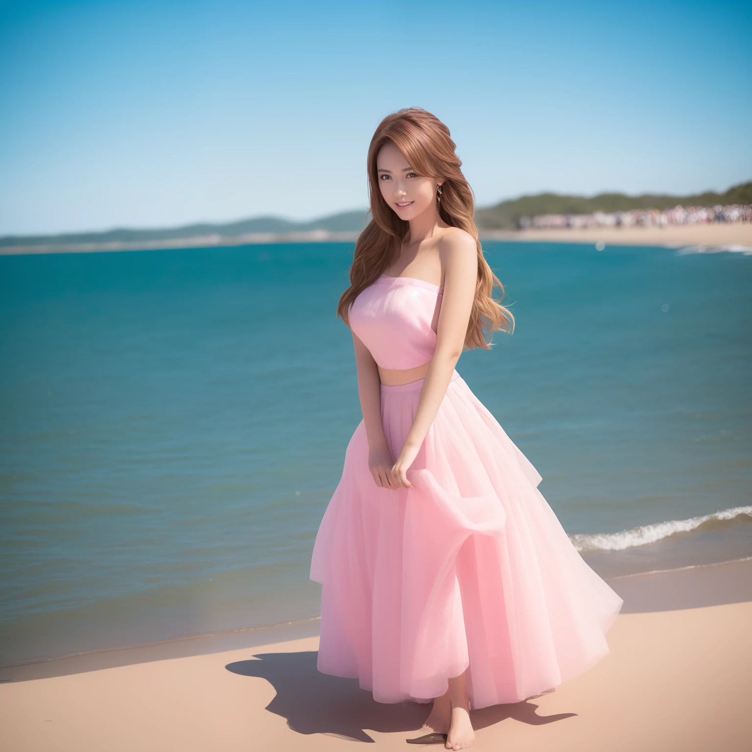 (In the daytime, Need, 8k, tmasterpiece:1.3)), full bodyesbian, Long legs, Focalors:1.2, perfect figure beautiful woman:1.4, Slim abs:1.1, ((Pink hair, huge tit:1.2 )), (whiteskirt, standing on your feet:1.2), ((the sea, the setting sun:1.3)), Highly detailed facial and skin texture, A detailed eye, 二重まぶた,Flying long hair