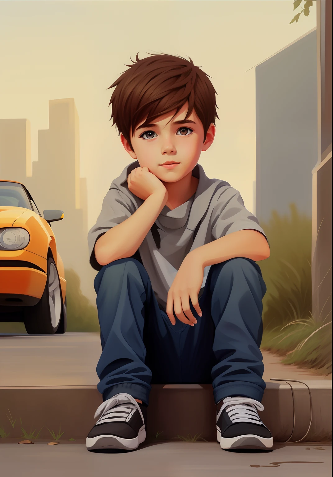 Draw a boy sitting on the ground in front of a car, concept art of single boy, Guviz-style artwork, cartoon digital painting, digital cartoon painting art, lovely digital painting, Realistic art style, realistic art style, realism art style, childrens art in artstation, Realistic digital painting, Realistic painting style, super realistic painting style, Young boy