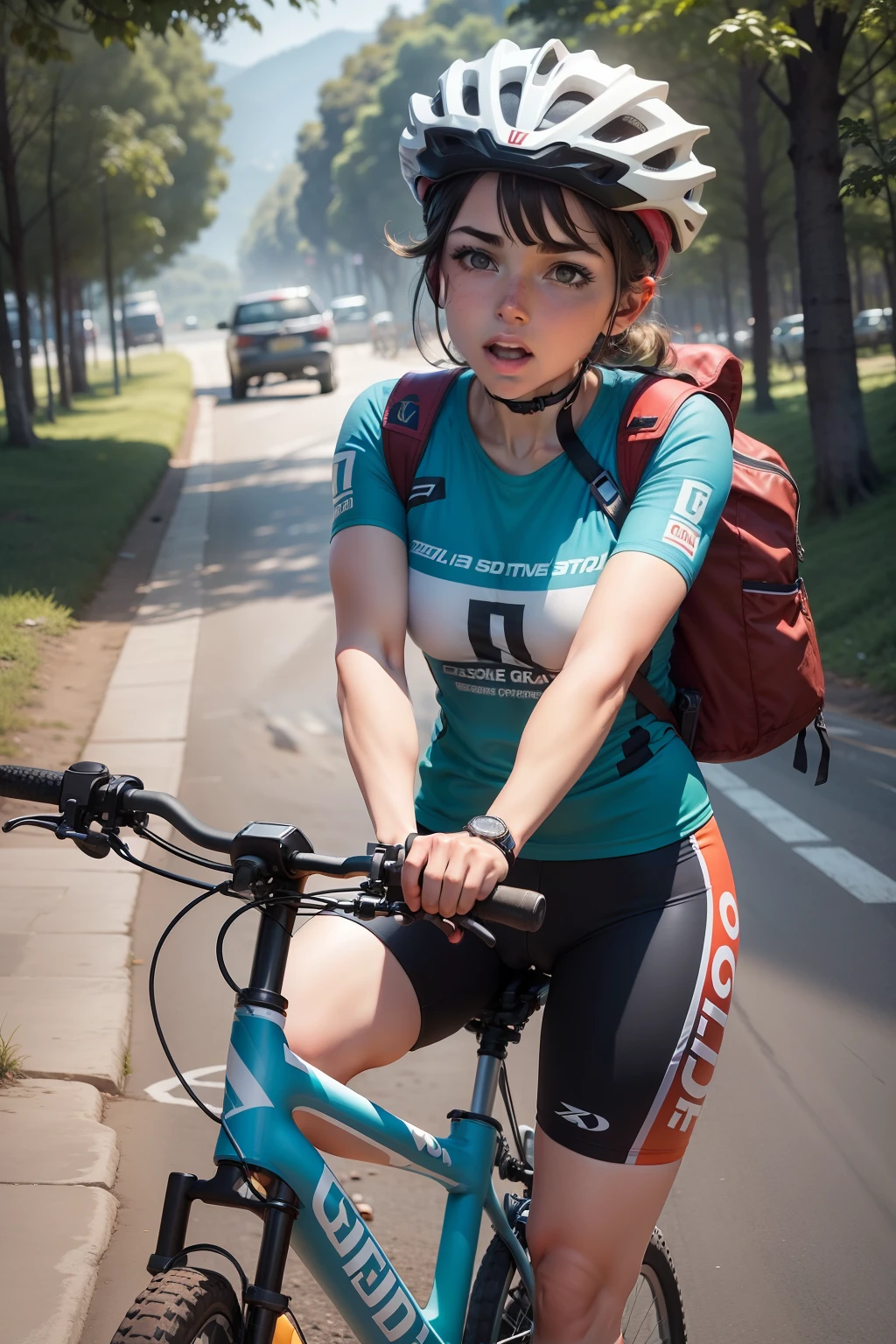 um ciclista de mountain bike. he's standing still, segurando sua bicicleta com cuidado. A bicicleta parece ter um problema, And you can tell by the way he holds her, um pouco inclinada, como se estivesse examinando. Ele usa uma camiseta esportiva e capacete, showing your preparation for cycling. A bicicleta tem rodas grossas, Features of mountain bikes, e parece estar em um ambiente ao ar livre, talvez perto de caminhadas ou natureza. The cyclist's expression can convey a combination of focus and thought, enquanto ele analisa o que pode estar errado com sua bicicleta.