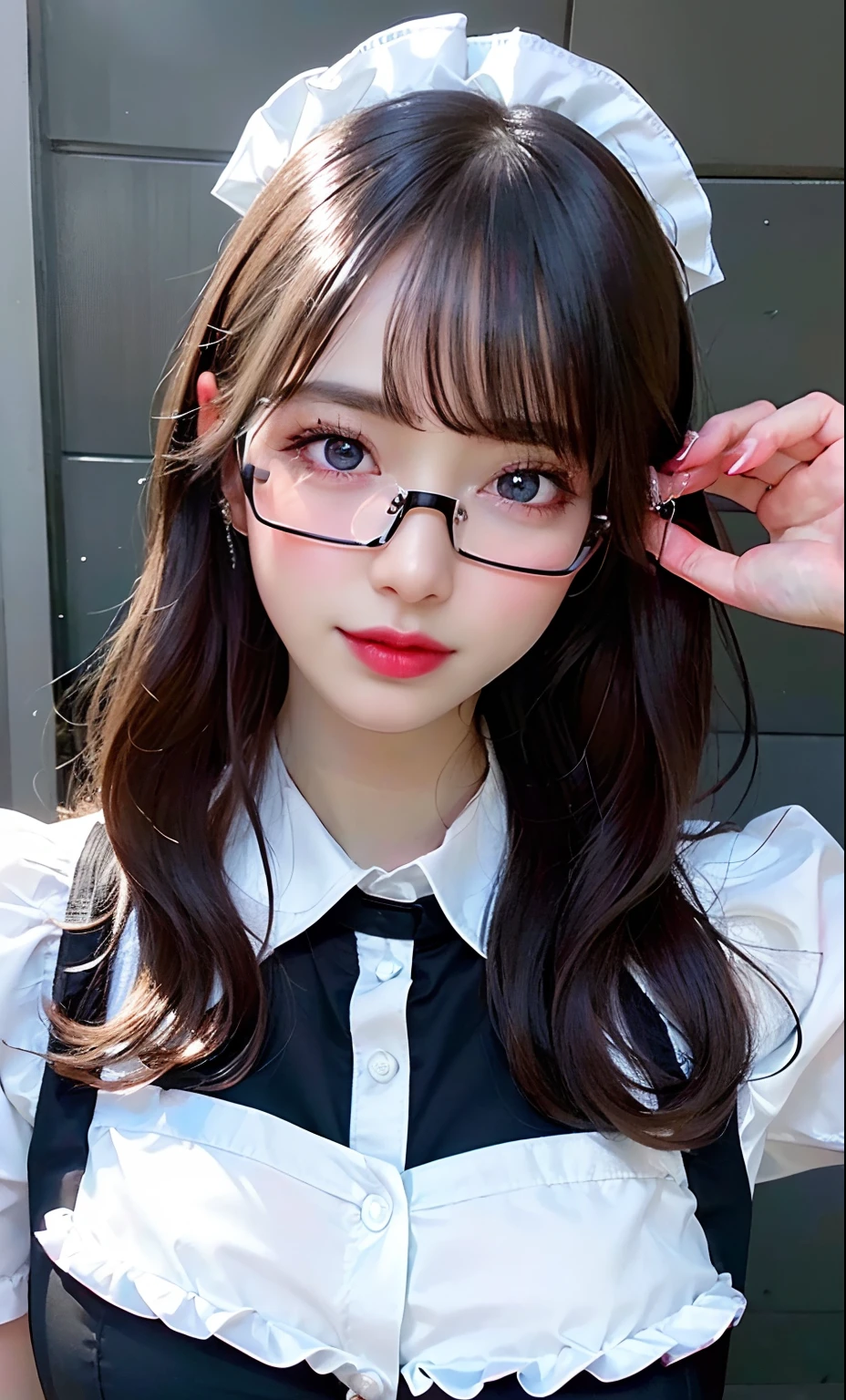 (8k, RAW photo, photorealistic:1.25) ,( lipgloss, eyelashes, gloss-face, glossy skin, best quality, ultra highres, 1 girl, maid, glasses, sexy girl, big breast, blue eyes
