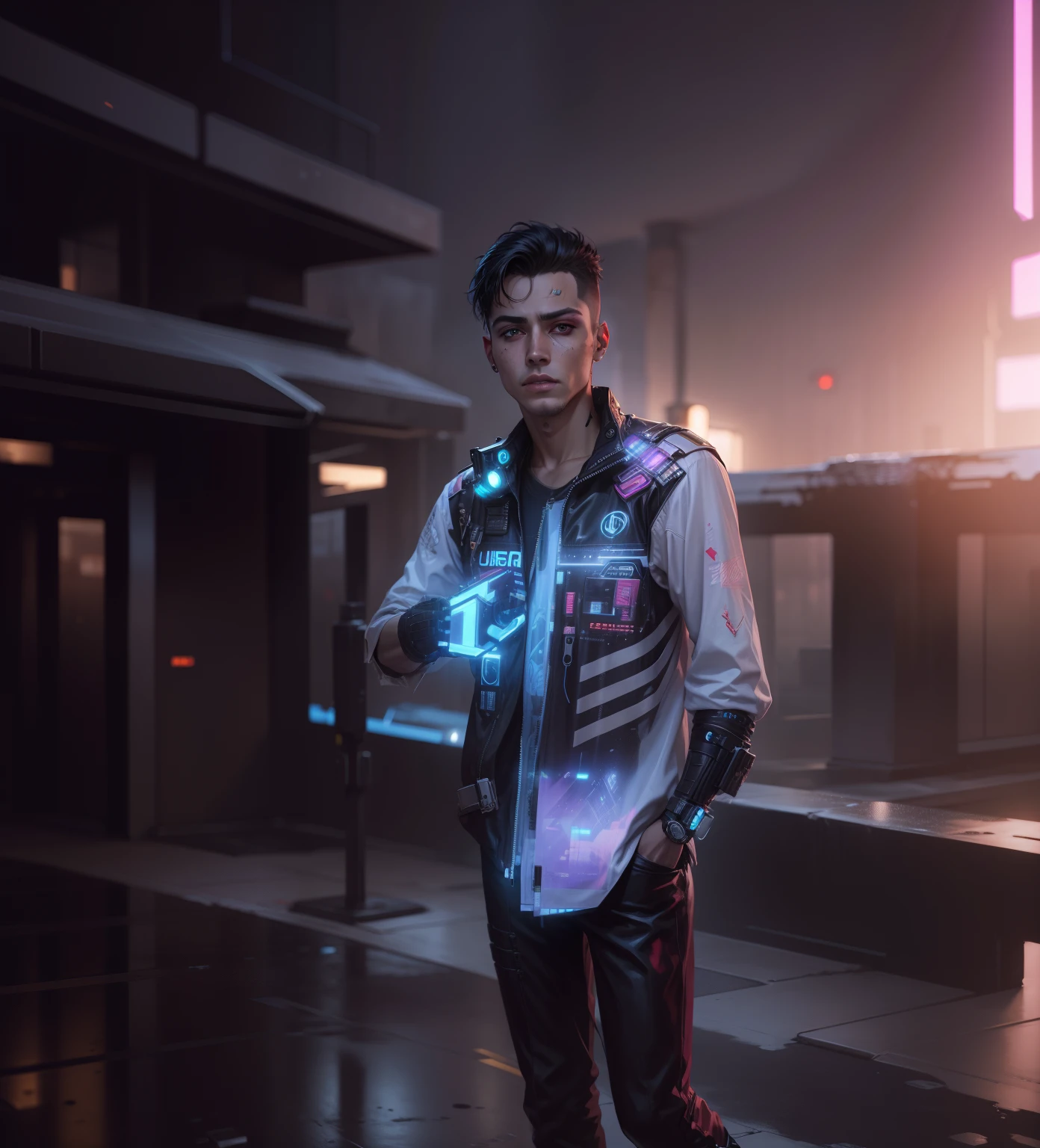 change background cyberpunk handsome boy, realistic face, 8k, ultra realistic