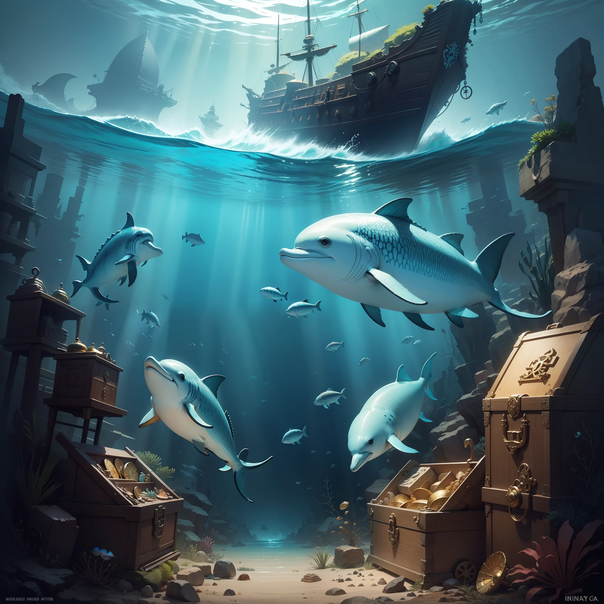under water with lots of fish Dolphins an old shipwreck a Treasure chest full of Inca treasure, lots of gold beautiful color fish, detail treasure Best quality, realistic, award-winning illustration in color, (fine detail) (Masterpiece)