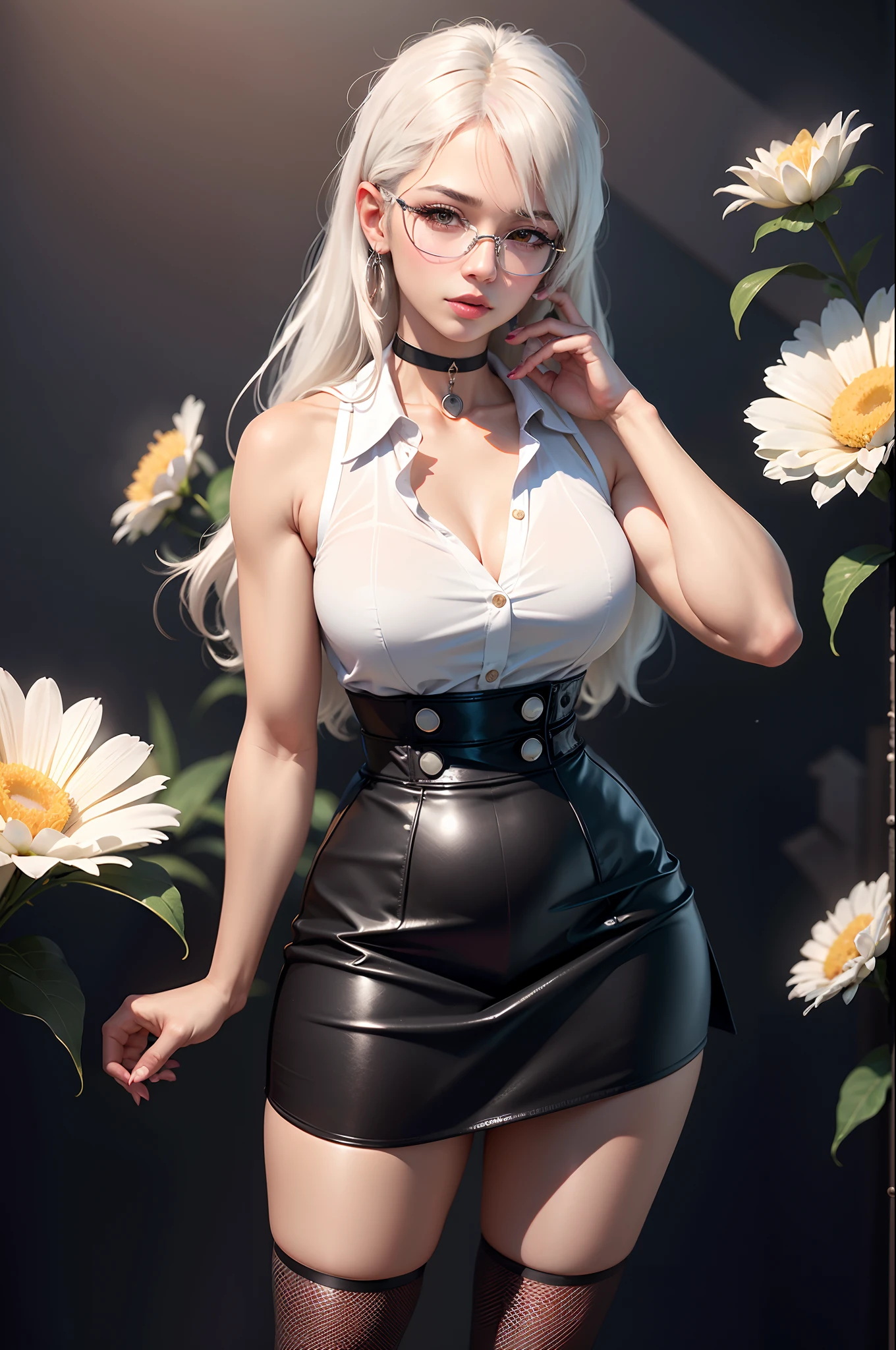 best quality, ultra high res, (photorealistic:1.4), 1woman, sleeveless white button shirt, black skirt, black choker, ((glasses)), (Kpop idol), (aegyo sal:1), (platinum blonde grey hair:1), ((puffy eyes)), looking at viewer, full body, flowers
