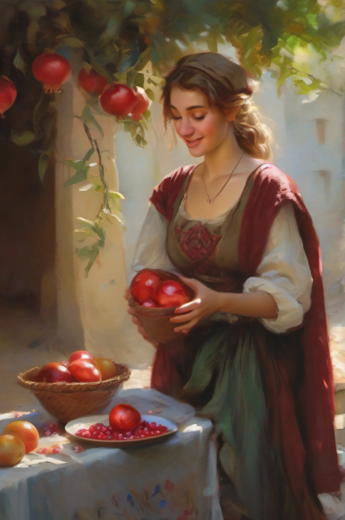 ((beste-Qualit)), ((oil painted)), (Young peasant woman), with a ripe pomegranate fruit in his hand, Emotional smile, ((tmasterpiece)), ((стиль Daniel F Gerhartz)), ((Realistic)),Colorful, Ultra-detailed, Impression:0,5