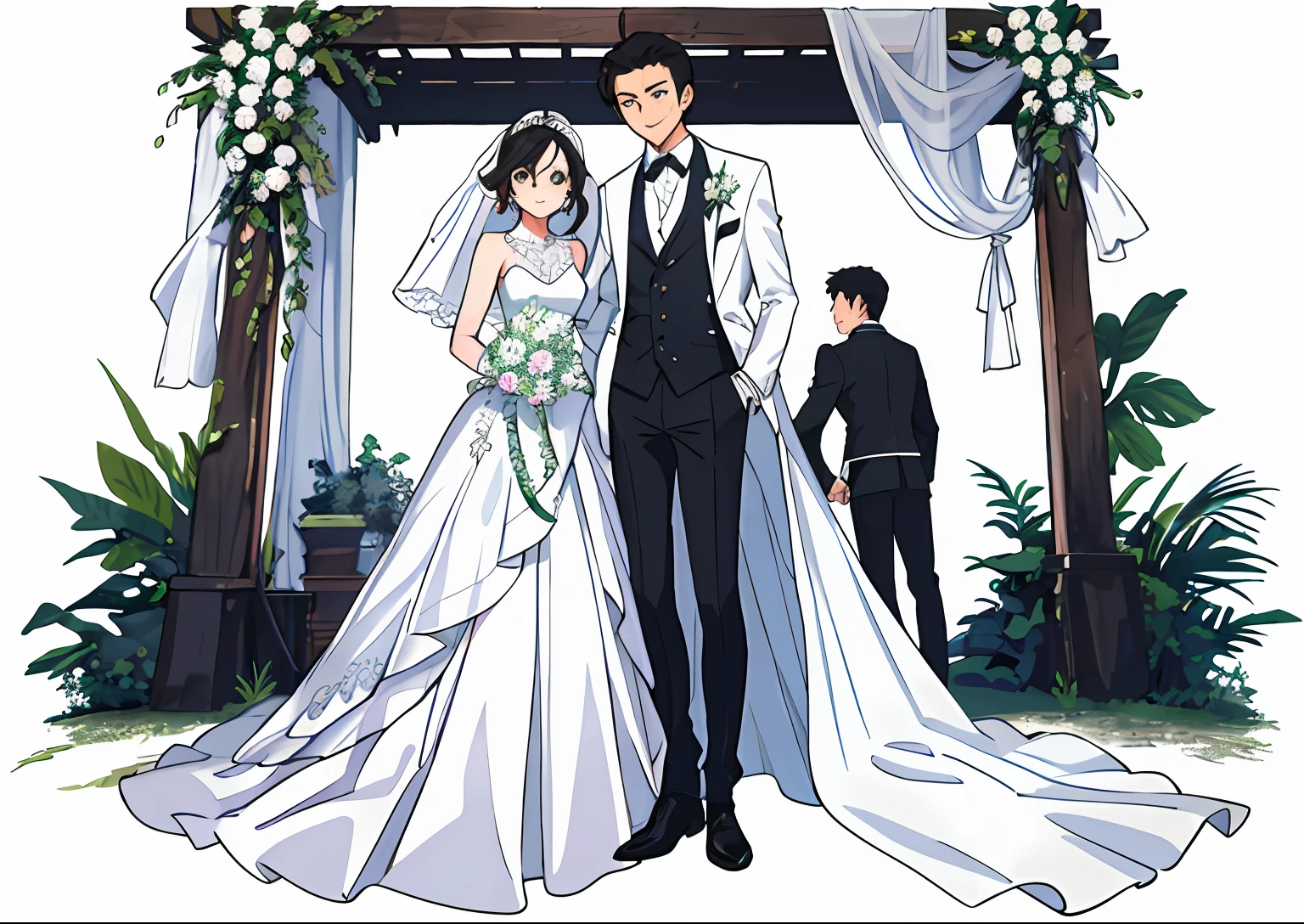 (tmasterpiece,Best quality at best),1 rapariga,1 boy,wedding photo,Boys wear suits,Girl wearing white wedding dress,ssmile,Stand hand in hand,Face the lens,full body pov,with a pure white background