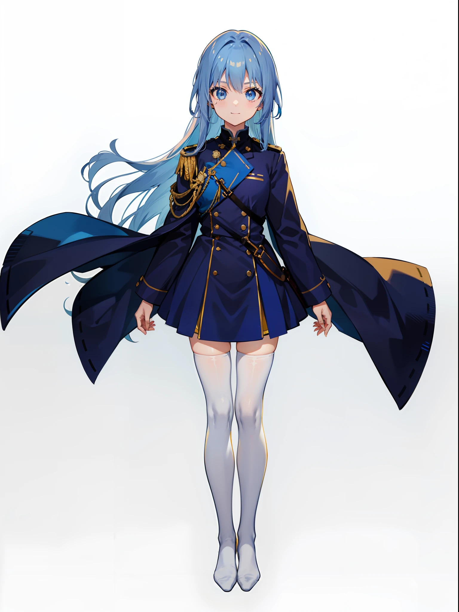 (blue hair:1.2),(Qi bangs,eBlue eyes),(ssmile),(Blue military uniform,Golden military uniform:1.2)Kizi,(White tights)。
