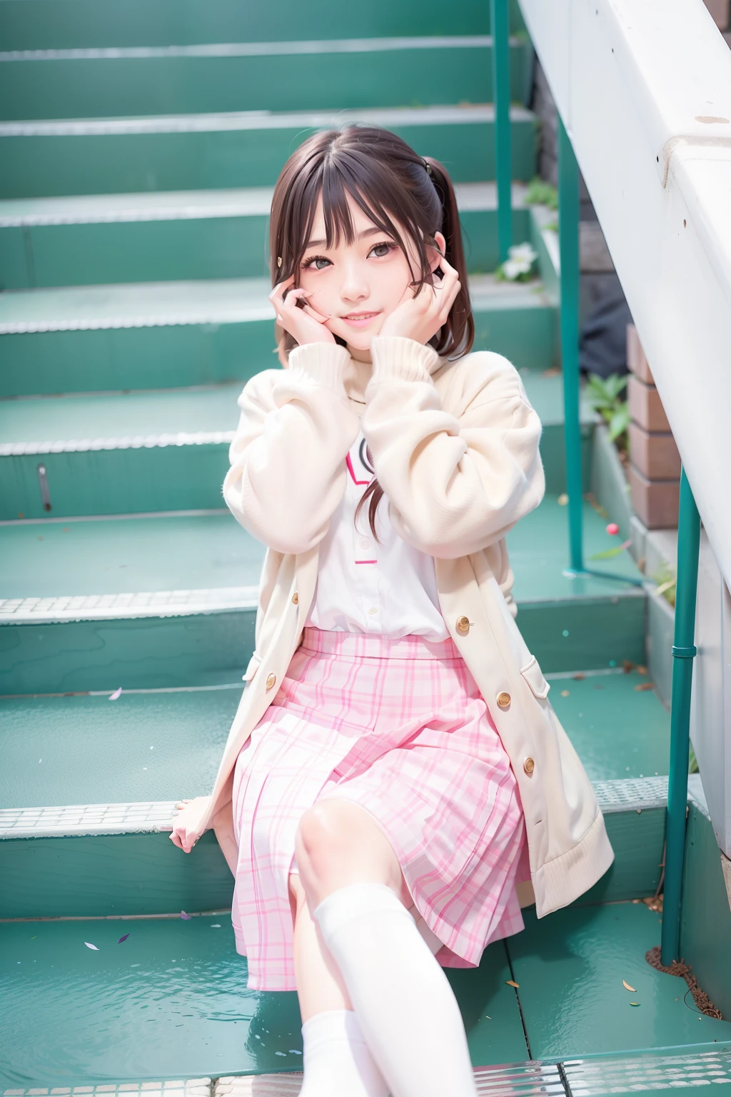 there is a woman sitting on the steps of a building, cute kawaii girls, japanese girl school uniform, wearing a Japanese school uniform, sakimichan, ulzzangs, Japanese school uniform, cute female student, loose coat collar sailor uniform, Ruan cute vtuber, aya takano color style, Beautiful Anime High School Girls, Pink girl, cutecore