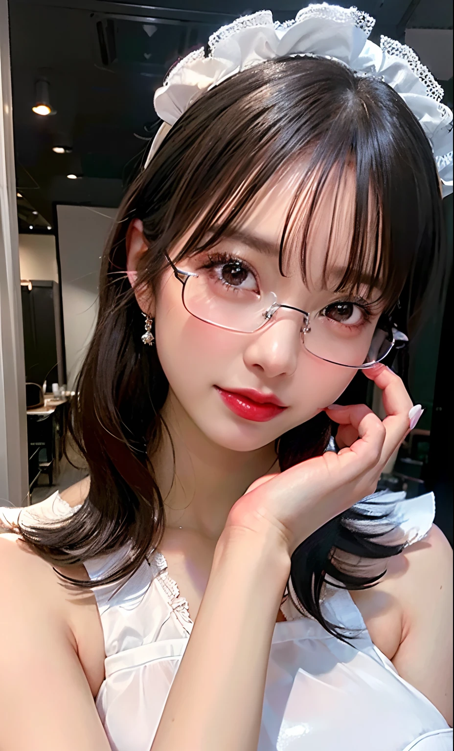 (8k, RAW photo, photorealistic:1.25) ,( lipgloss, eyelashes, gloss-face, glossy skin, best quality, ultra highres, 1 girl, maid, glasses, sexy girl, big breast, topless