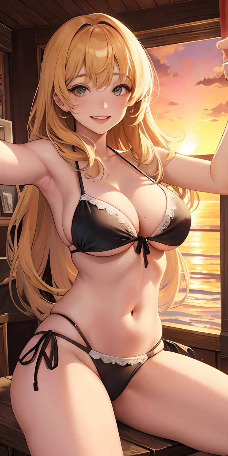 Realistic, 2 15 year old girls, selfie, wearing bikini, big breasts, smile, sunset