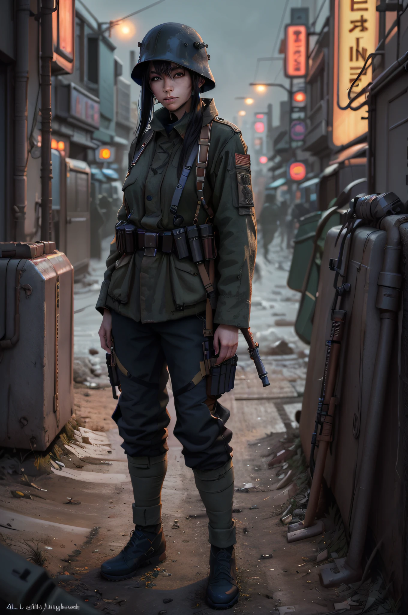 (4k,ultra detailed:1.2),(anime:1),illustration,(photorealistic:1), (solo:1.2),(standing),(full_body:1.2), (single background,:1.4), (landscape), (a woman), (cyberpunk aesthetics), (a cyberpunk city bustling with neon signs), (night), mushroom cloud, (holster, overcoated overall, cargo pants: 1.2), (supermodel: 1.4), (wide hips: 1), (black hair), ww1ger,