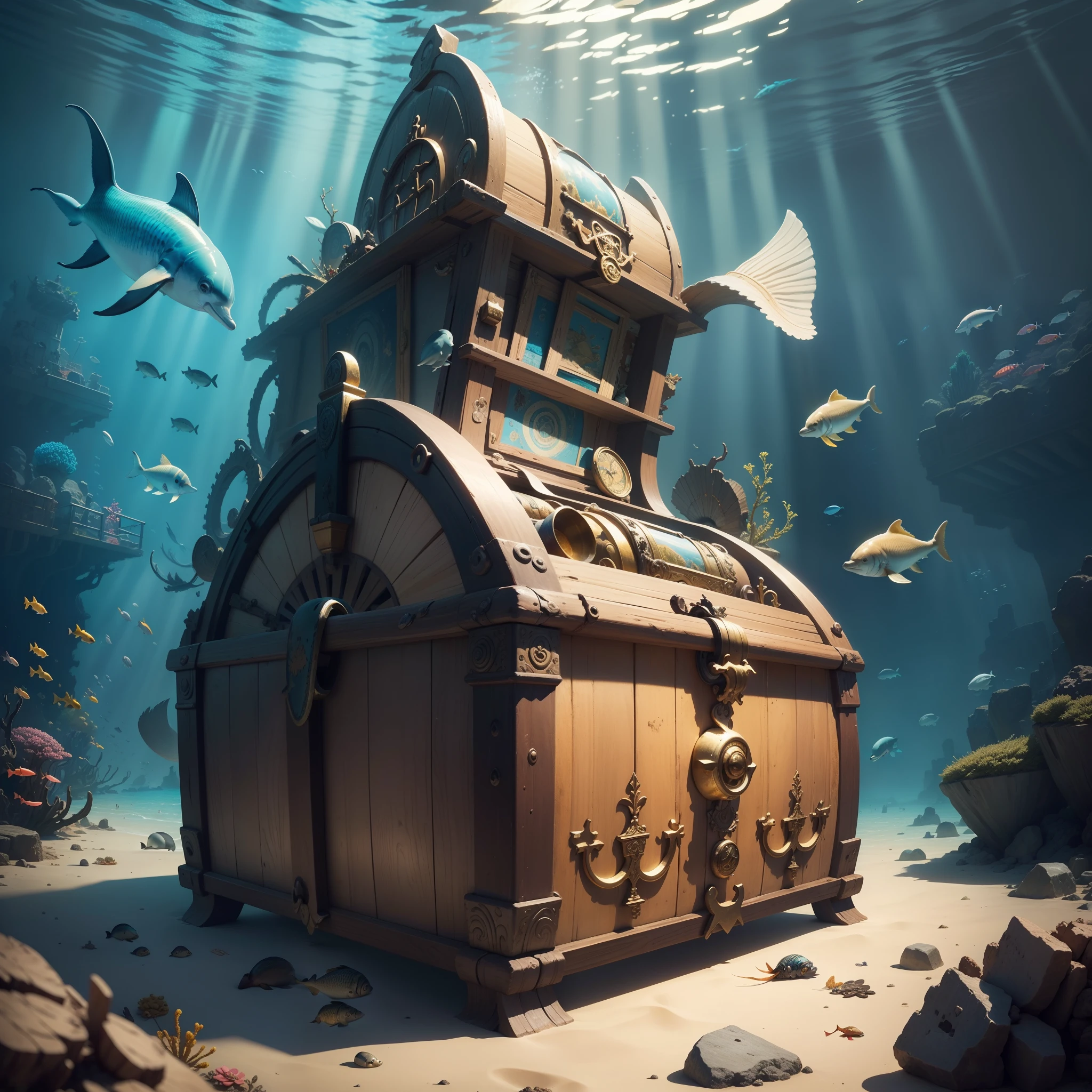 under water with lots of fish Dolphins an old shipwreck a Treasure chest full of Inca treasure, lots of gold beautiful color fish, detail treasure Best quality, realistic, award-winning illustration in color, (fine detail) (Masterpiece)