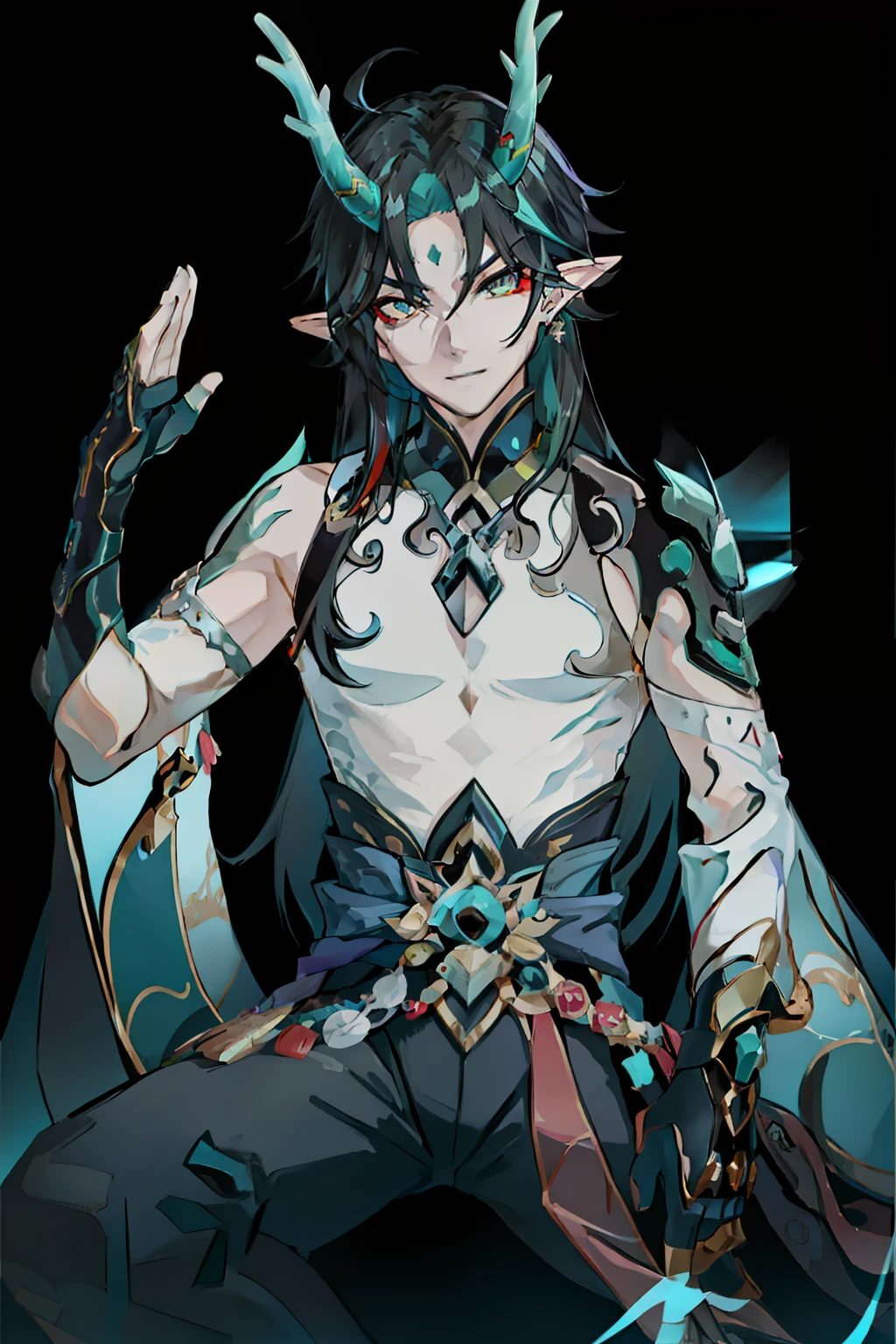 (absurderes,A high resolution,Hyper-detailing,hdr),Libido boy,Dragon's horn,Long messy black hair,tmasterpiece,best qualtiy,1人,独奏,Handsome,Golden eyes,Fine eyes and detailed face,toppless,Tattooed with,arma,seated on a throne,pervert smirk,Abs,chest muscle,Raised sexy,Ruffian,Cross legs