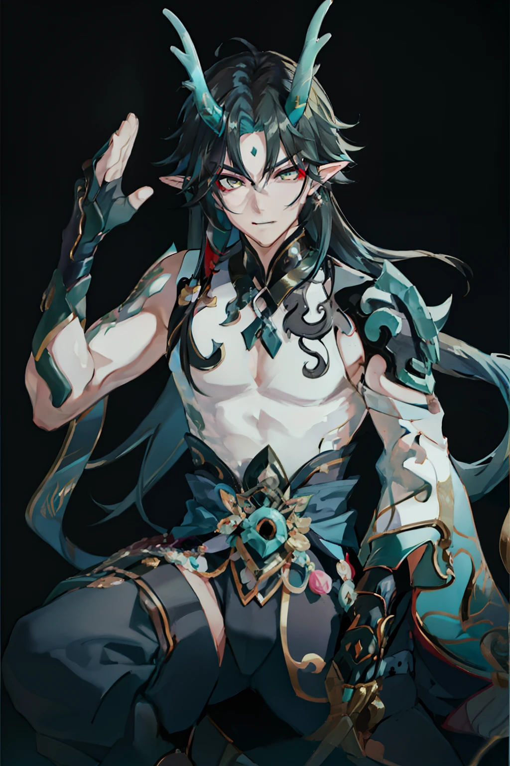 （absurderes，A high resolution，Hyper-detailing，hdr），Libido boy，Dragon's horn，Long messy black hair，tmasterpiece，best qualtiy，1人，独奏，Handsome，Golden eyes，Fine eyes and detailed face，toppless，Tattooed with，arma，seated on a throne，pervert smirk，Abs，chest muscle，Raised sexy，Ruffian，Cross legs