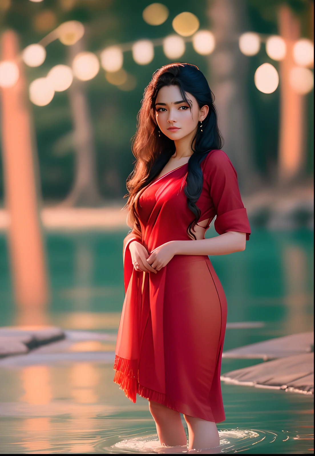 No-one42 a woman, she is wearing red dress, jewelry, standing near a river, modelshoot style, extremely detailed CG unity 8k wallpaper, 8k uhd, dslr, soft lighting, high quality, film grain, Fujifilm XT, ((realistic))
