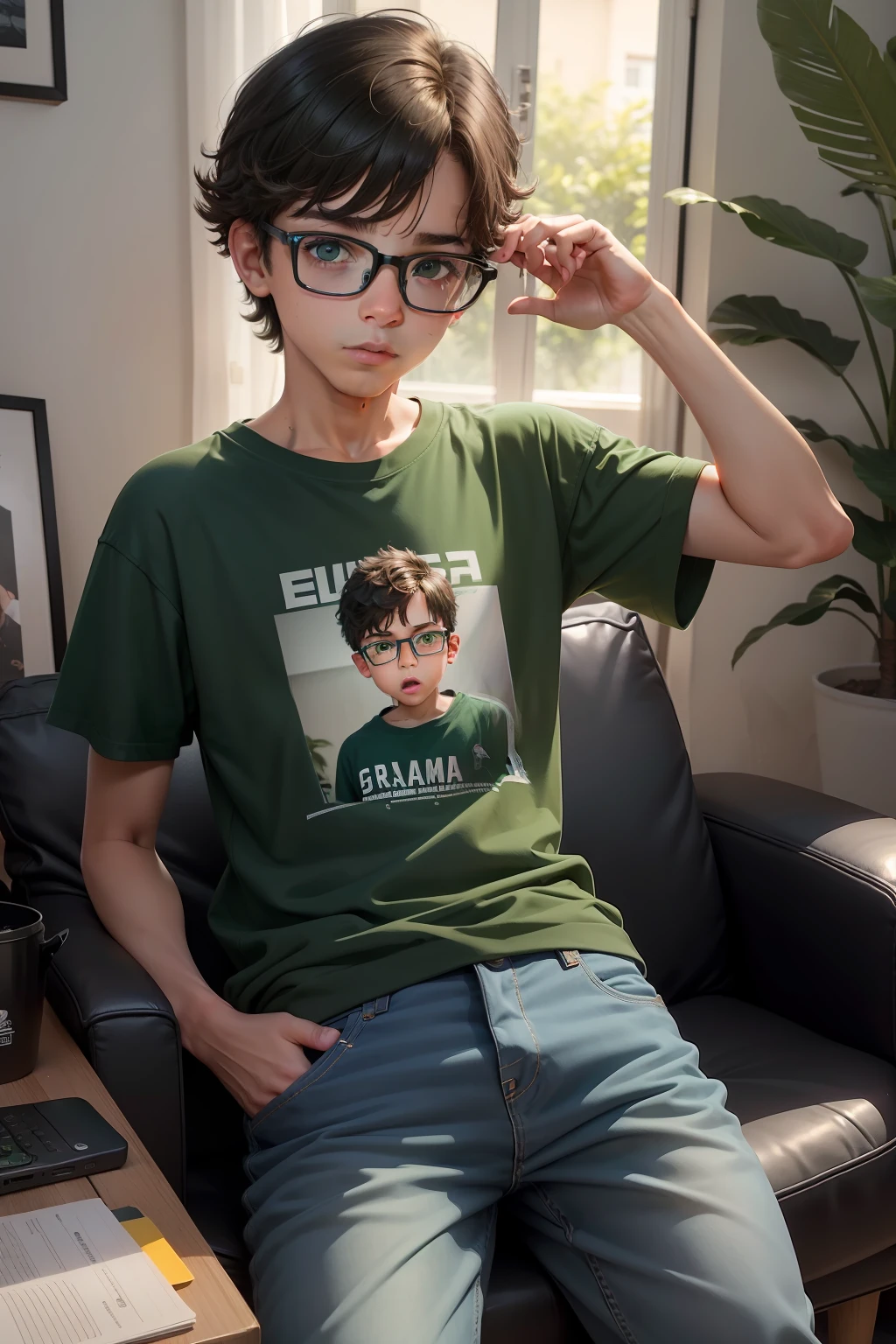 Make a 13-year-old boy, esse deve estar vestindo bermuda jeans e camiseta preta despojada, ele tem cabelos castanhos, wears glasses with a frame with green details. Ele esta na sala de casa jogando video game. Foto ultra realista, qualidade 8k, fullhd