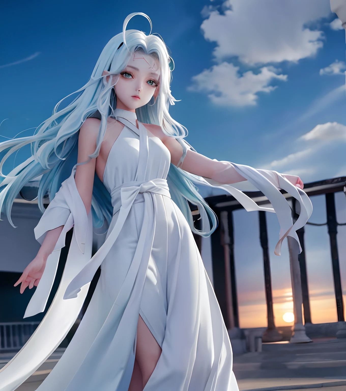 (tmasterpiece,best qualtiy)),独奏,1girll,Stand in the sunset,looking toward the viewer,On the beach,facing at camera,Sunset colored hair,long whitr hair,beautidful eyes,Green eyes,in a long white dress,A reference to the long dress in the style of ancient Athens Heaton,Only 2 arms,Luminous design,Soft light,(Wallpapers),(high-definition picture quality) ,(8K high-definition),(8K high-definition)