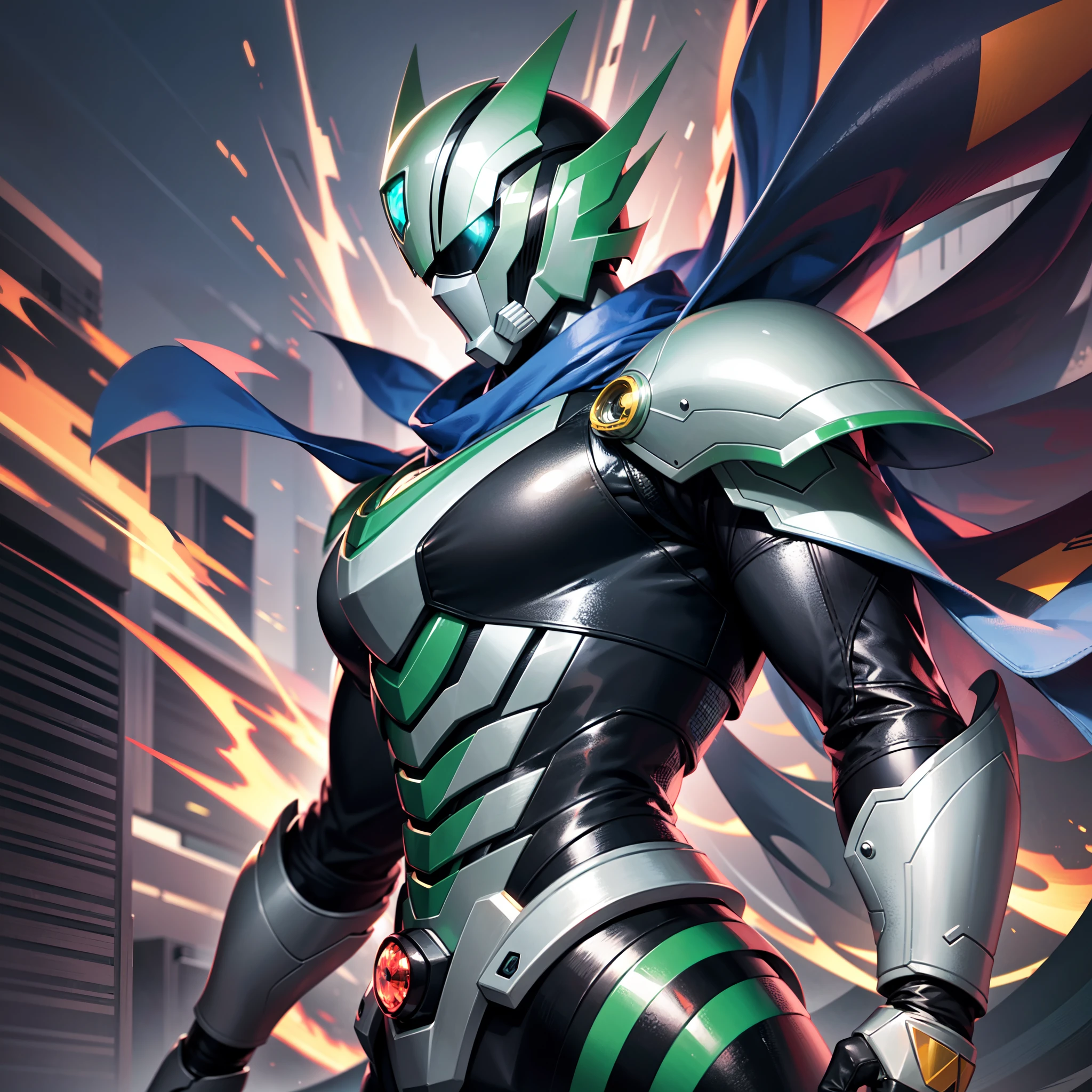 Wind-like man, Lines with a sense of power, Kamen Rider Cooler, Flamboyant personality, Mechanical armor, A shining green core, A scarf fluttering in the wind, Suprematism, sparkle, cinematic lighting, from side, UHD, best quality, highres, award winning, high details