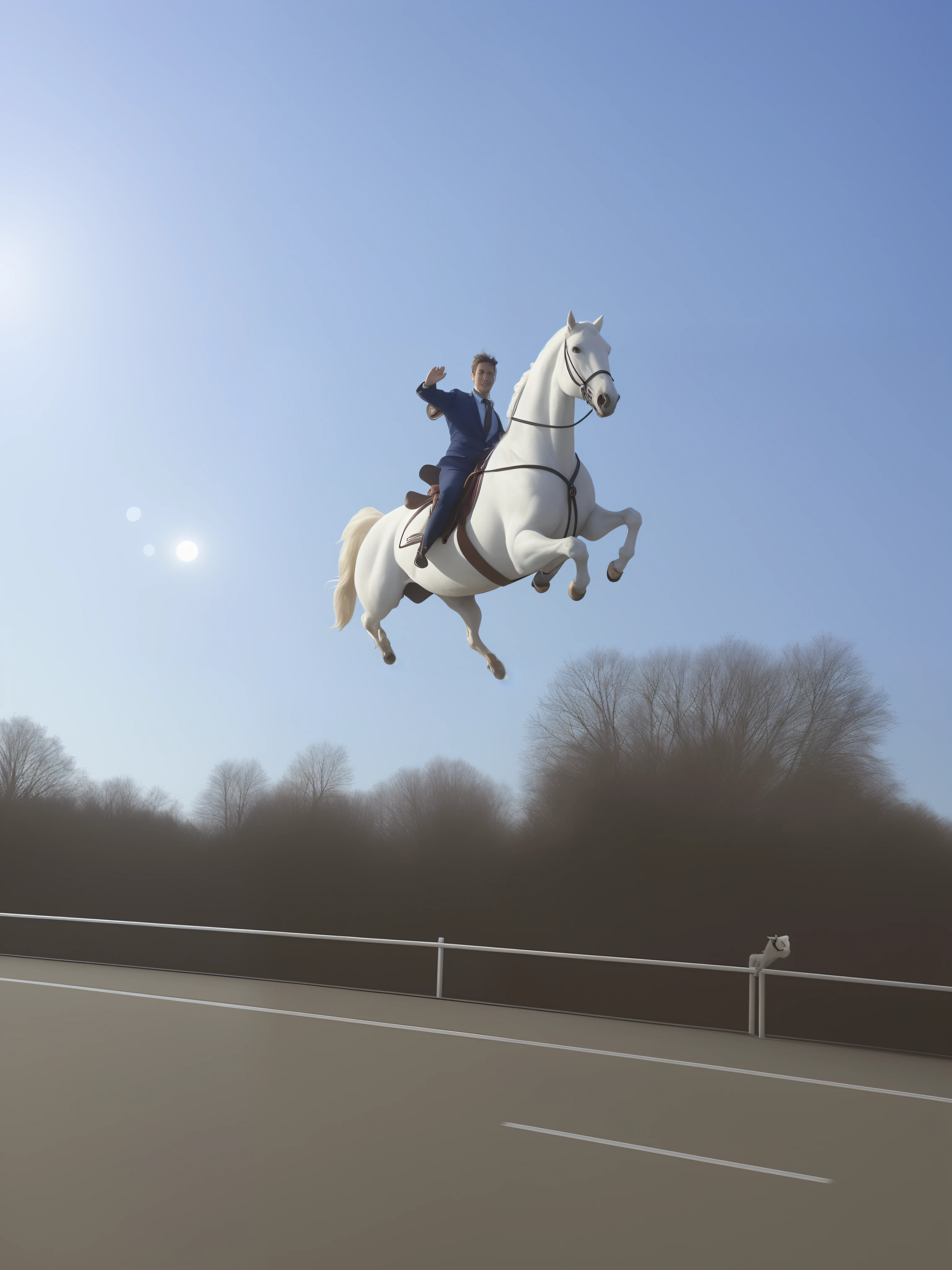 A handsome man waving on a galloping horse