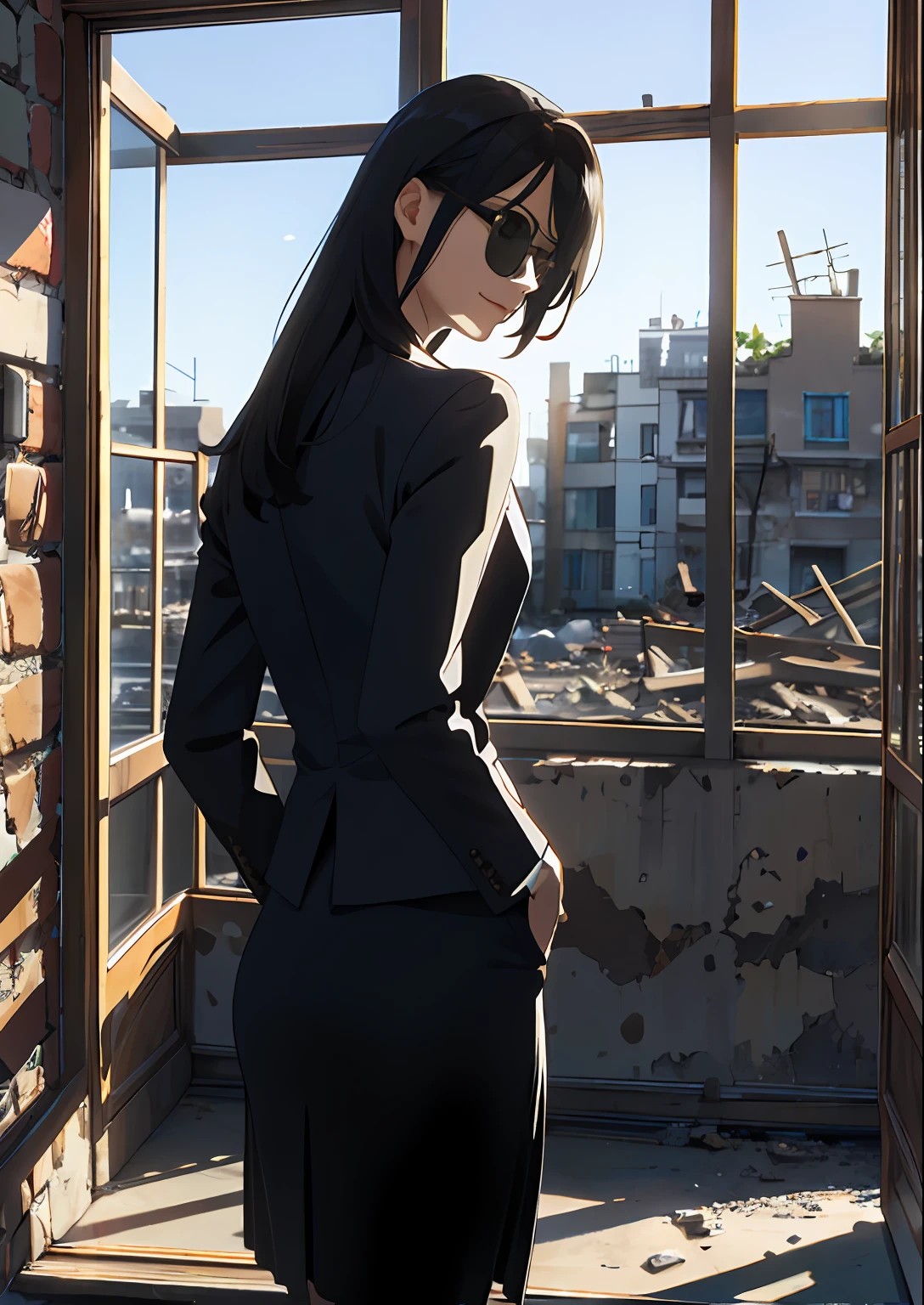 (tmasterpiece,best qualtiy),独奏,1girll,19years old,Petite,The look of a smile,looking at viewert,Brown eyes,long whitr hair,completely black hair,Qi bangs,Business suit tops,black long sleeves(The best quality),black short skirt,He wears translucent sunglasses on his face,beautidful eyes,Only 2 arms,Only two hands,The background is the ruins of the wind of doom,The light from the back window is backlighted,(Wallpapers), (8k hdr), (8k hdr)