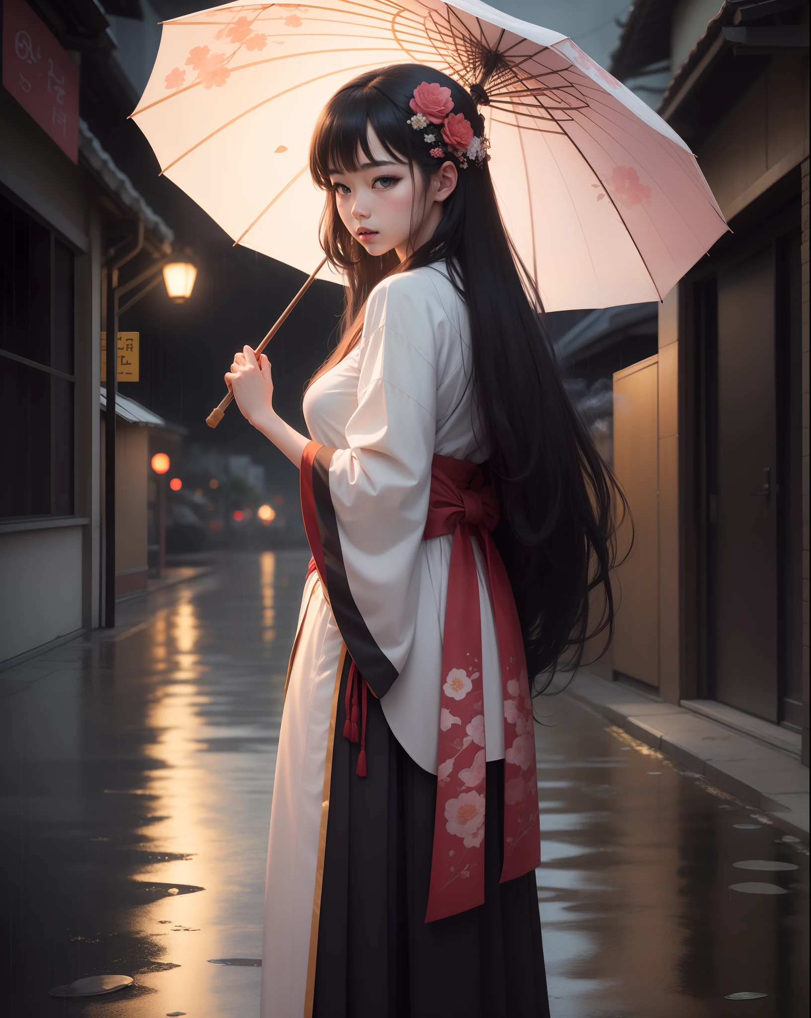 Masterpiece, super high quality, 8k girl, long hair, black hair, hanfu, gangnam smoke and rain, riverside, looking back, flower paper umbrella, realism, innocence