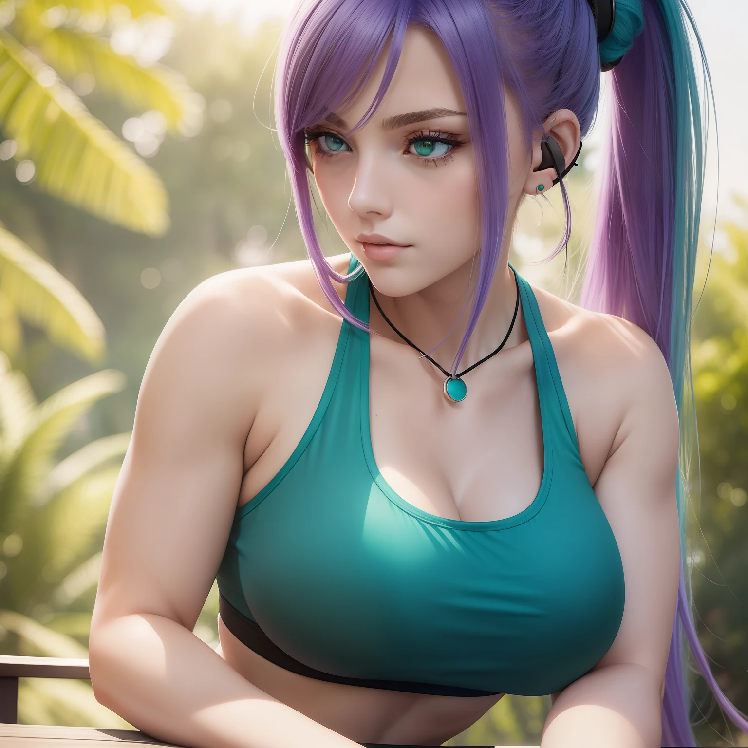 ((masterpiece, best quality)), 1girl, green eyes, long light purple hair in ponytail, small low cut bright aqua teal tank top, black headphones, cleavage, large breasts, close up, outdoors, sunny, slightly muscular arms