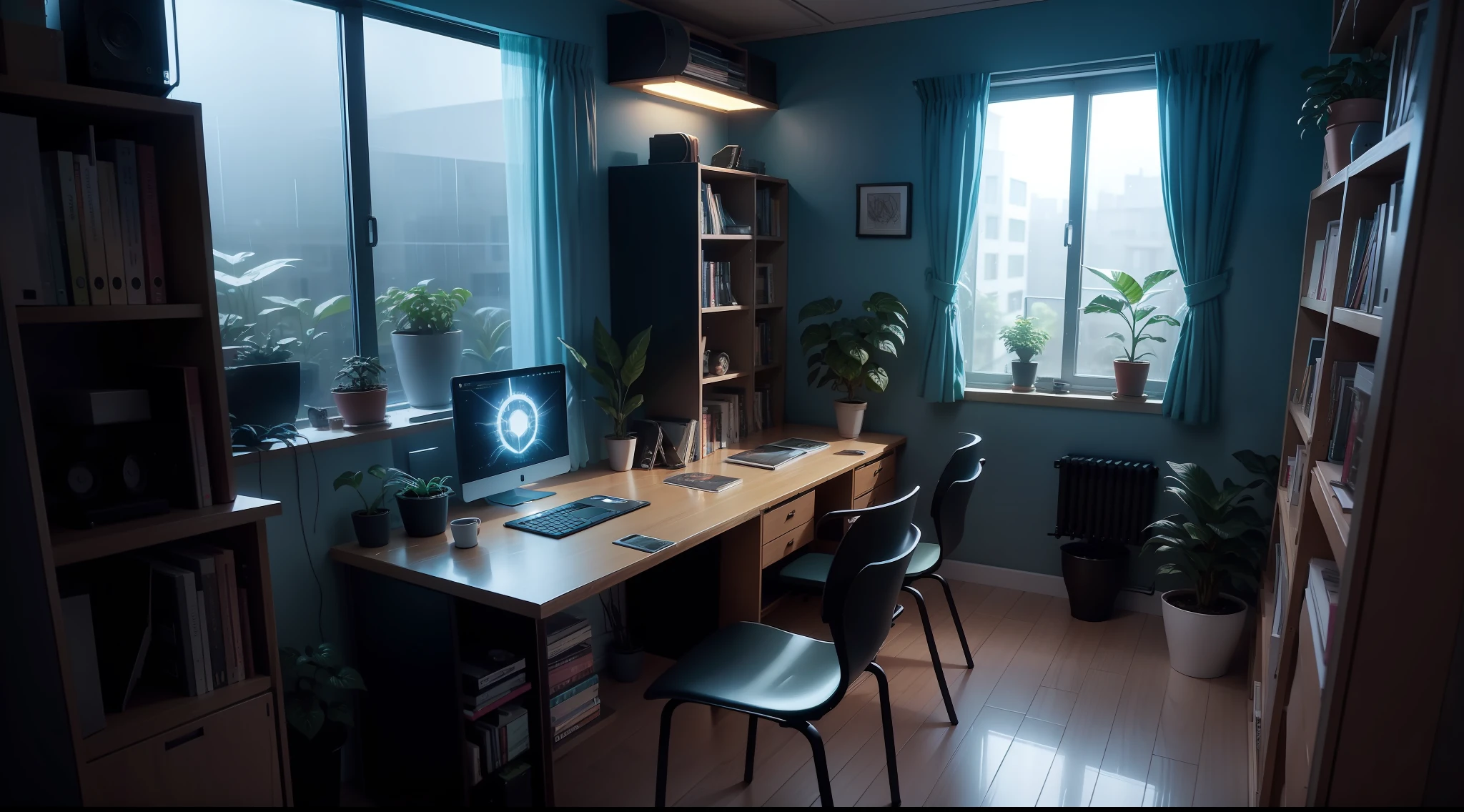 Anime-style room at night, ciberpunk, a table, computer, houseplants, Books, Comfort, It's raining outside the window