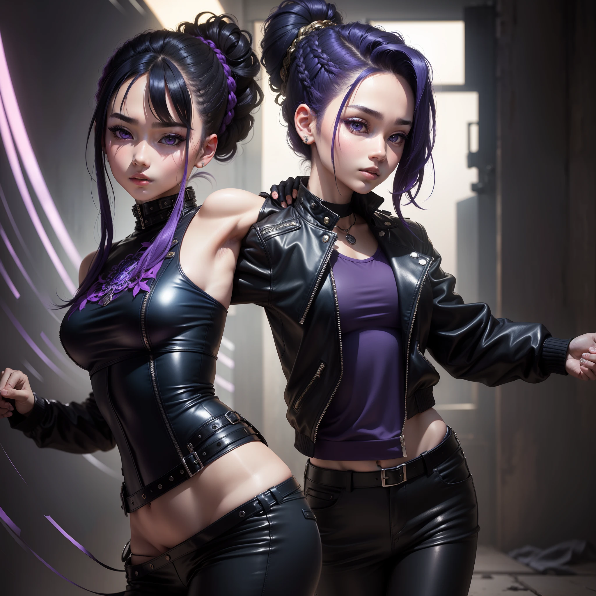 Little dance,Masterpiece, Realistic portraits,korean style hair, Exposed flesh, hair-bun, Braids, Leather jacket and leather pants,professional hair stylist, ornate hair, abstract backgrounds, Purple eyes, Dark blue hair