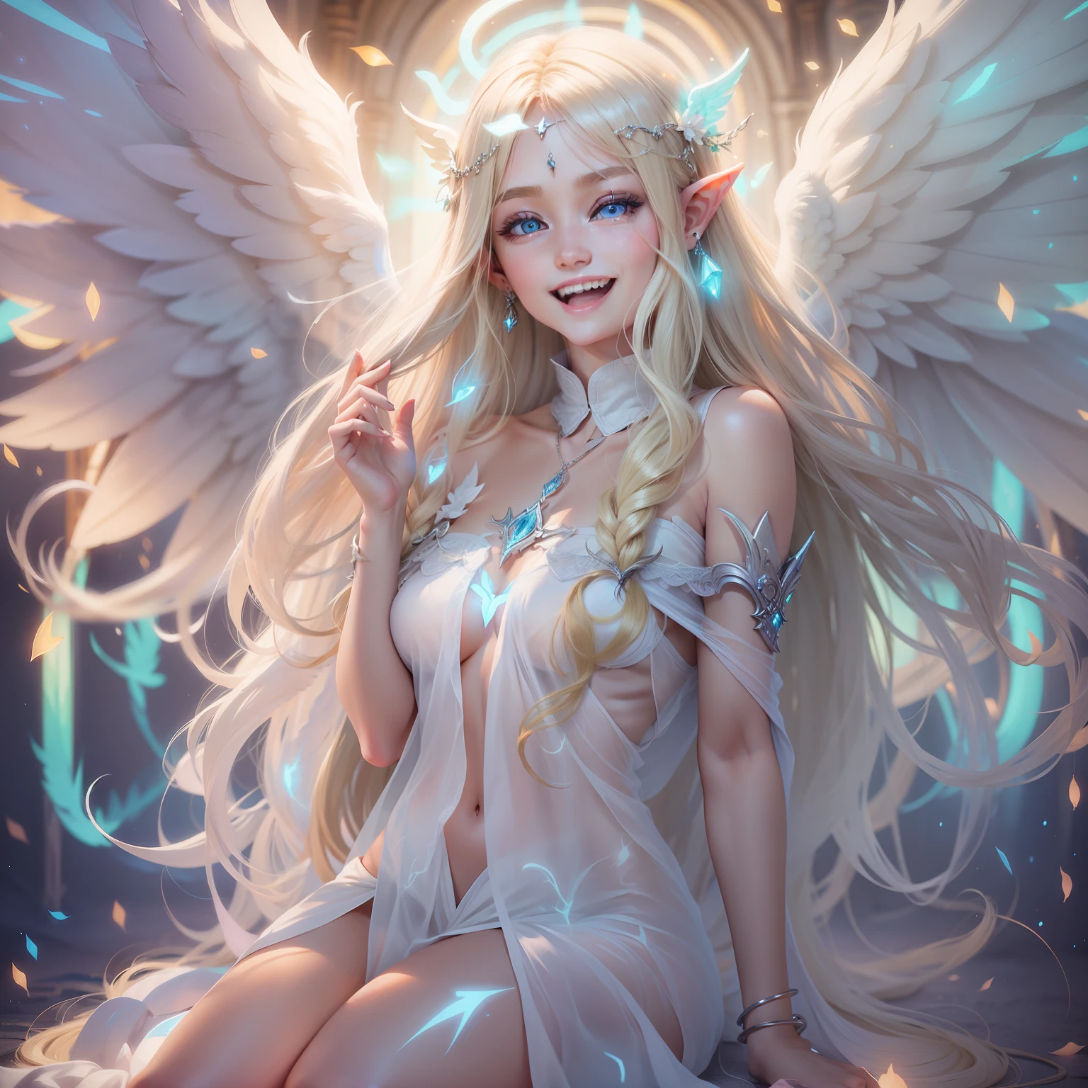 Elf, One girl,18 Years,Full body, Laughing, glowing bright blonde long hair, white magical wings, Neon, areola, Divine, masterpiece