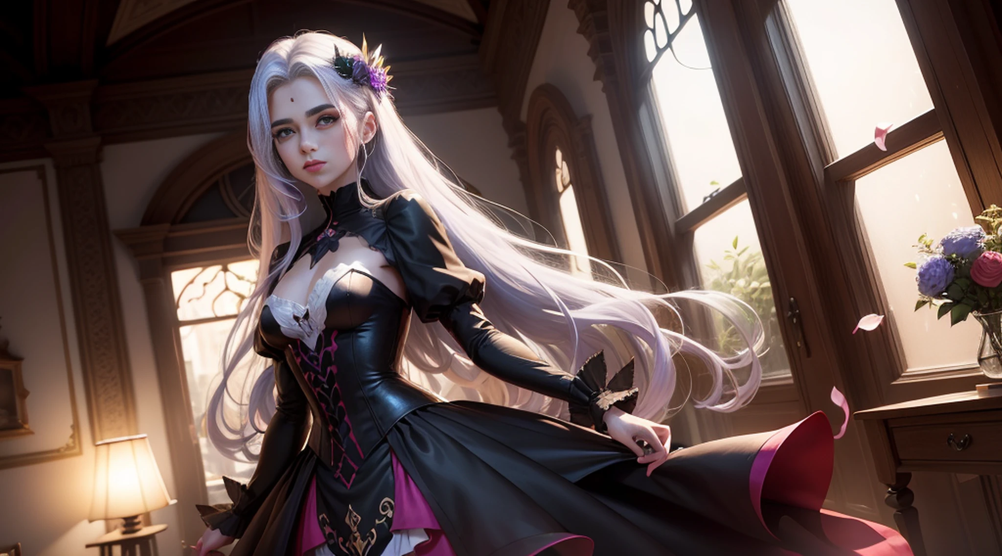 a female vampire (peitos pequenos, cabelos vermelho-sangue), obra-prima, melhor qualidade, (papel de parede CG unity 8k extremamente detalhado), (melhor qualidade), (best illustration), (melhor sombra), Absurdo, lifelike lighting, (abismo), lindo brilho detalhado, pose natural, de corpo inteiro, standingn, petals falling, interior, Fanning, lanterna, 16k, HDR, Alto, campo de profundidade, (grain of film: 1.1), livro, hora dourada, (Reflexo da lente), vinheta, rainbowart, (color classification: 1.5)