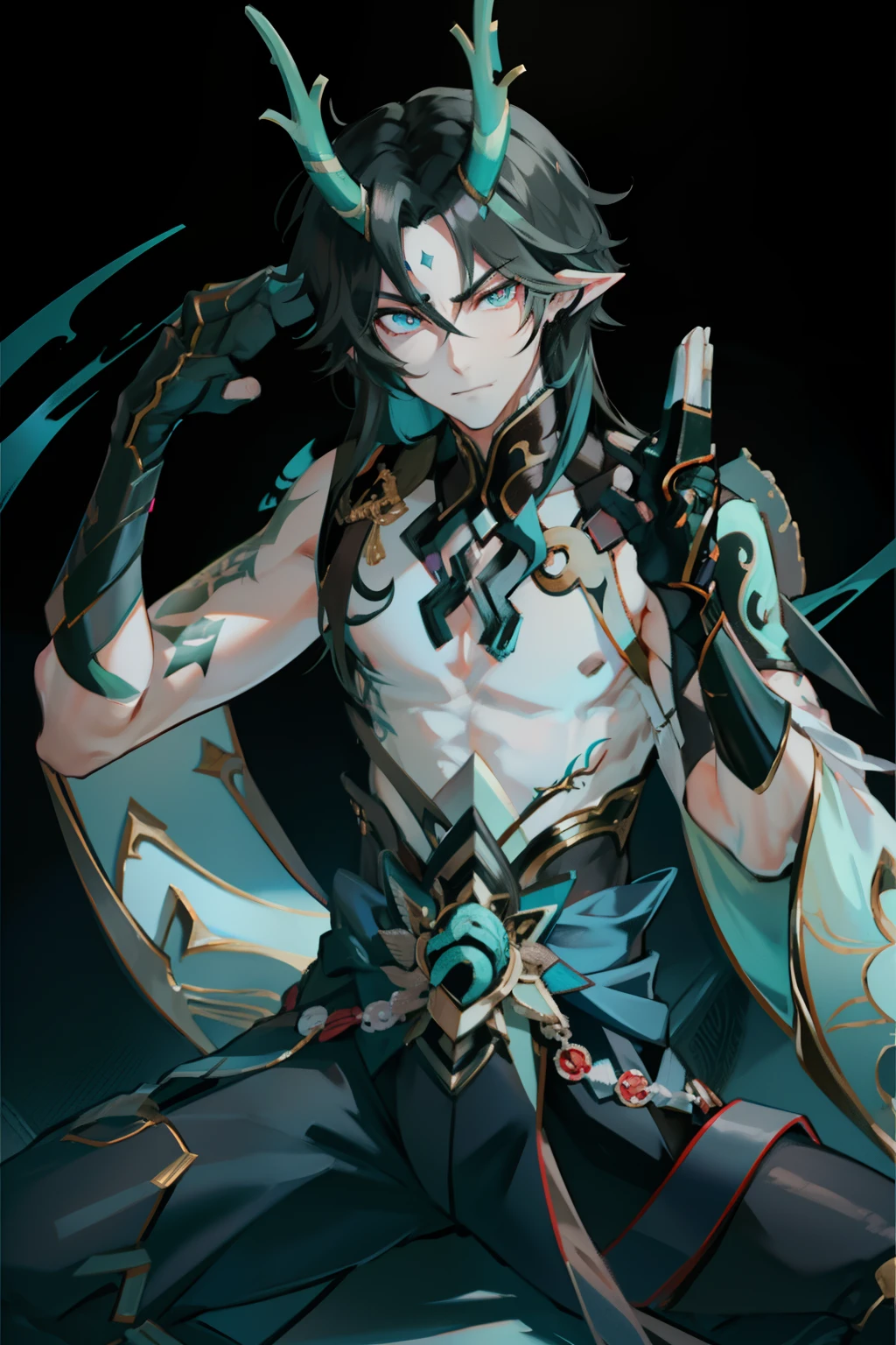 (absurderes,A high resolution,Hyper-detailing,hdr),Libido boy,Dragon's horn,Long messy black hair,tmasterpiece,best qualtiy,1人,独奏,Handsome,Golden eyes,Fine eyes and detailed face,toppless,Tattooed with,arma,seated on a throne,pervert smirk,Abs,chest muscle,Raised sexy,Ruffian,Cross legs